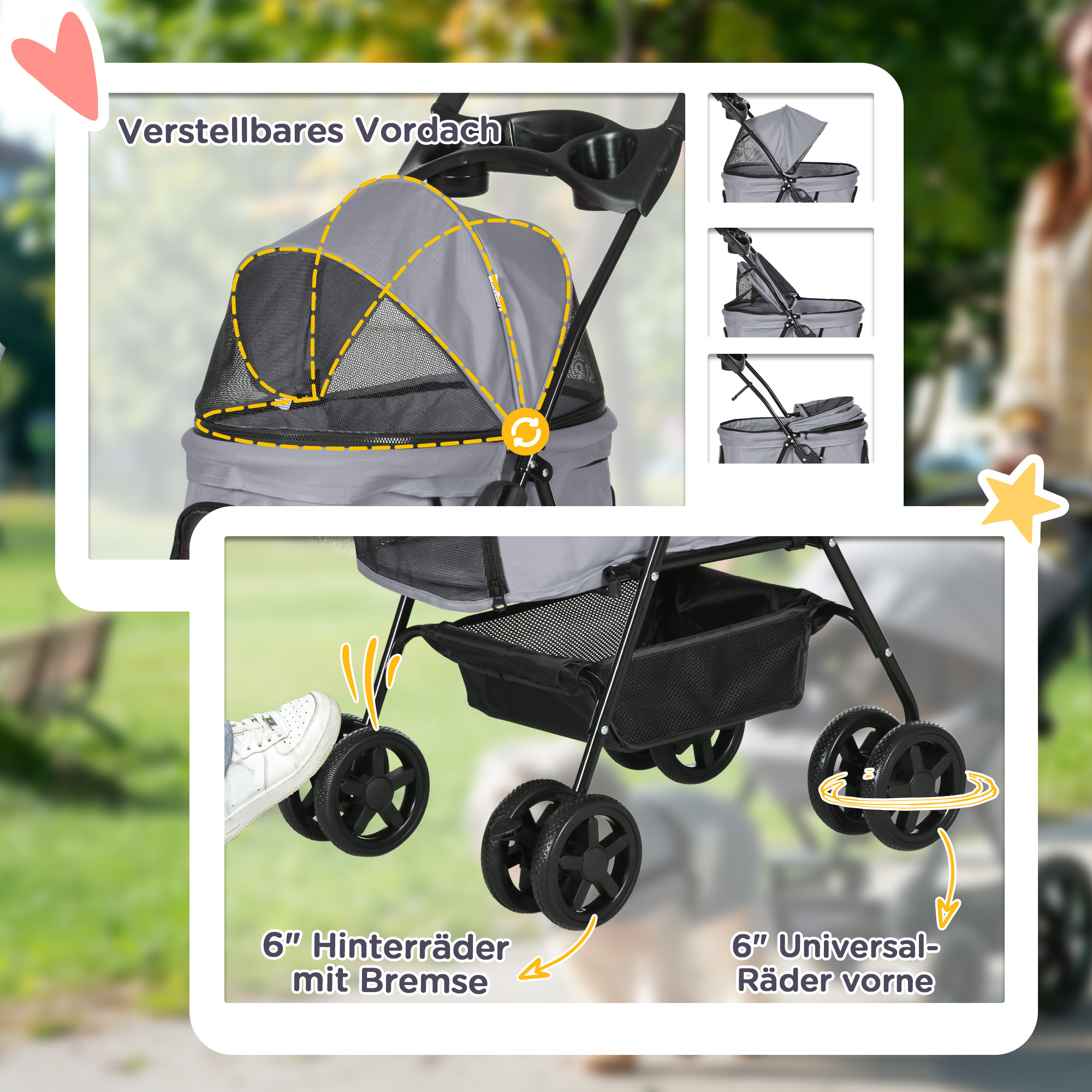 Hundebuggy Hundewagen bis 4 kg Klappbar Netzfenster Bodenkorb Becherhalter abnehmbares Dach grau 67 x 45 x 96 cm