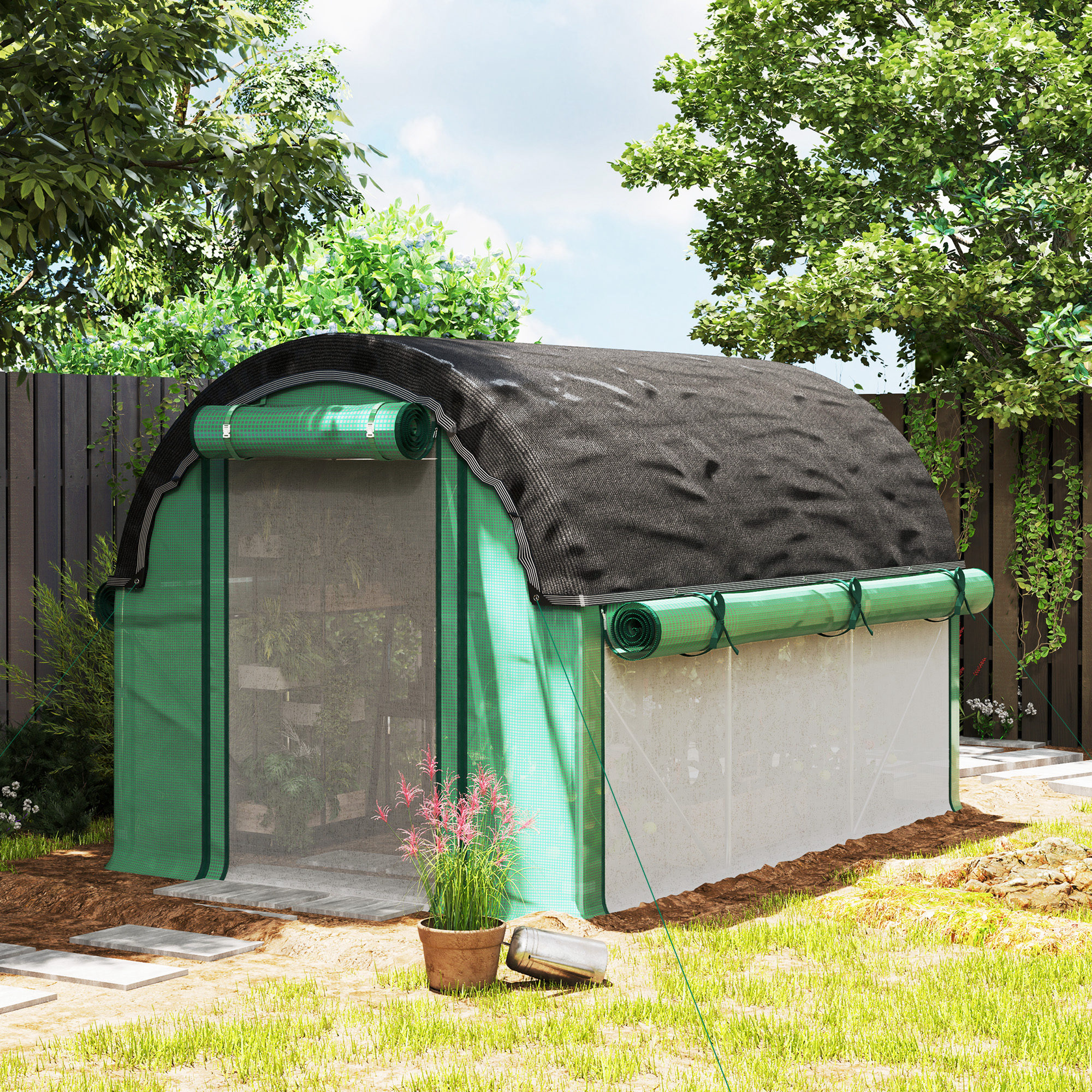 3 x 2 x 2 m Polytunnel-Gewächshaus mit Sonnenschutznetz, rollbaren Seitenwänden, Kunststoff-Abdeckung, Stahlrahmen, Grün