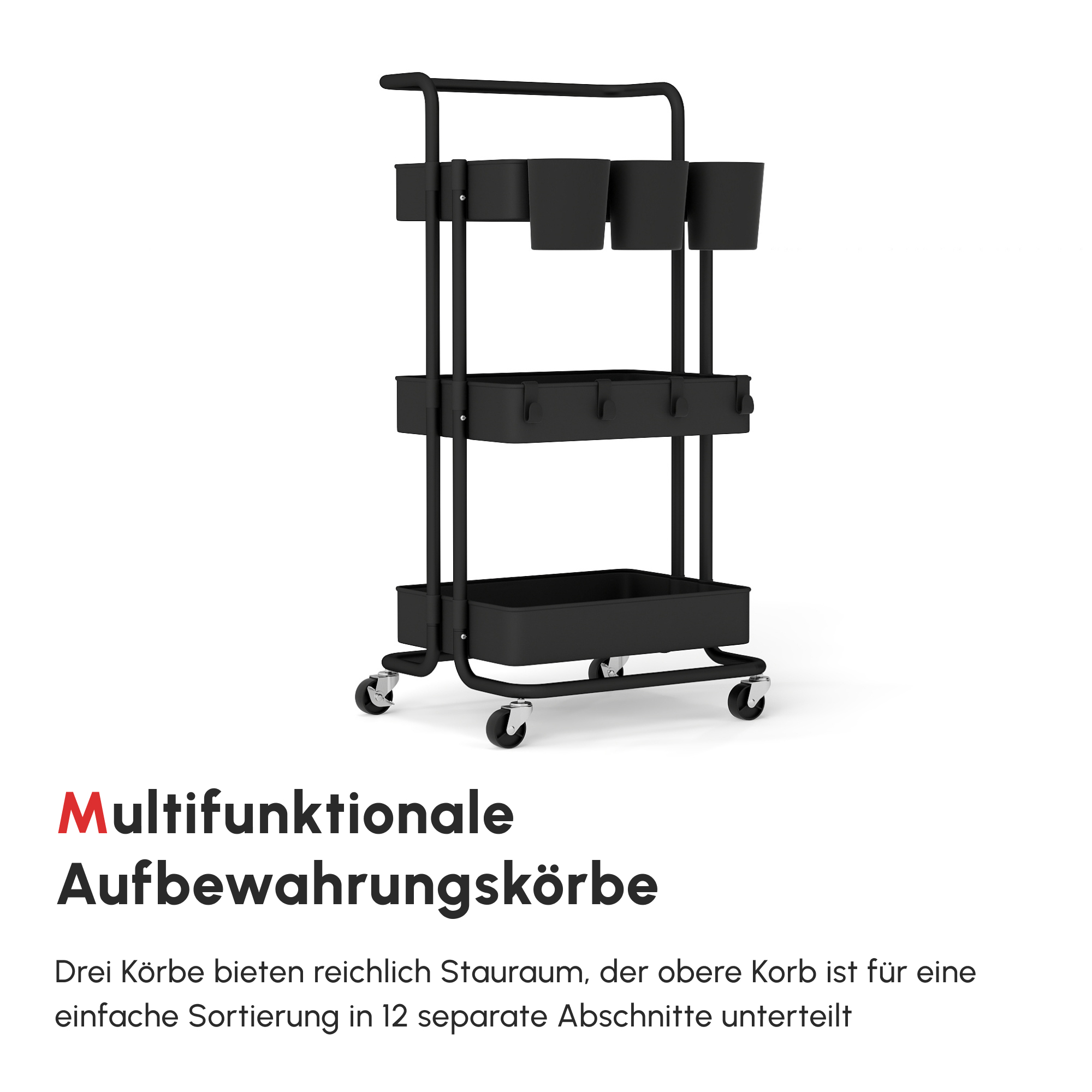 Rollwagen mit 3 Etagen, Ablagekörben, Haken, Beistellwagen für Küche oder Wohnzimmer, Stahl, Kunststoff, Schwarz