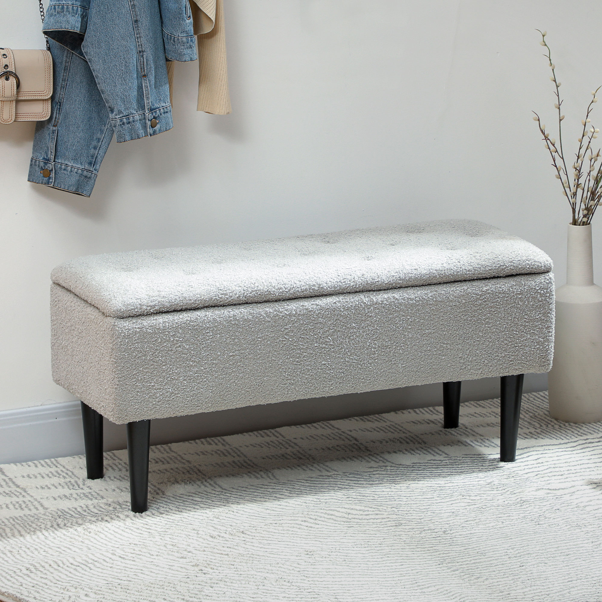 Sitztruhe, Sitzbank mit Stauraum, bis 120kg, Samtoptik, 95x38x45cm, Grau