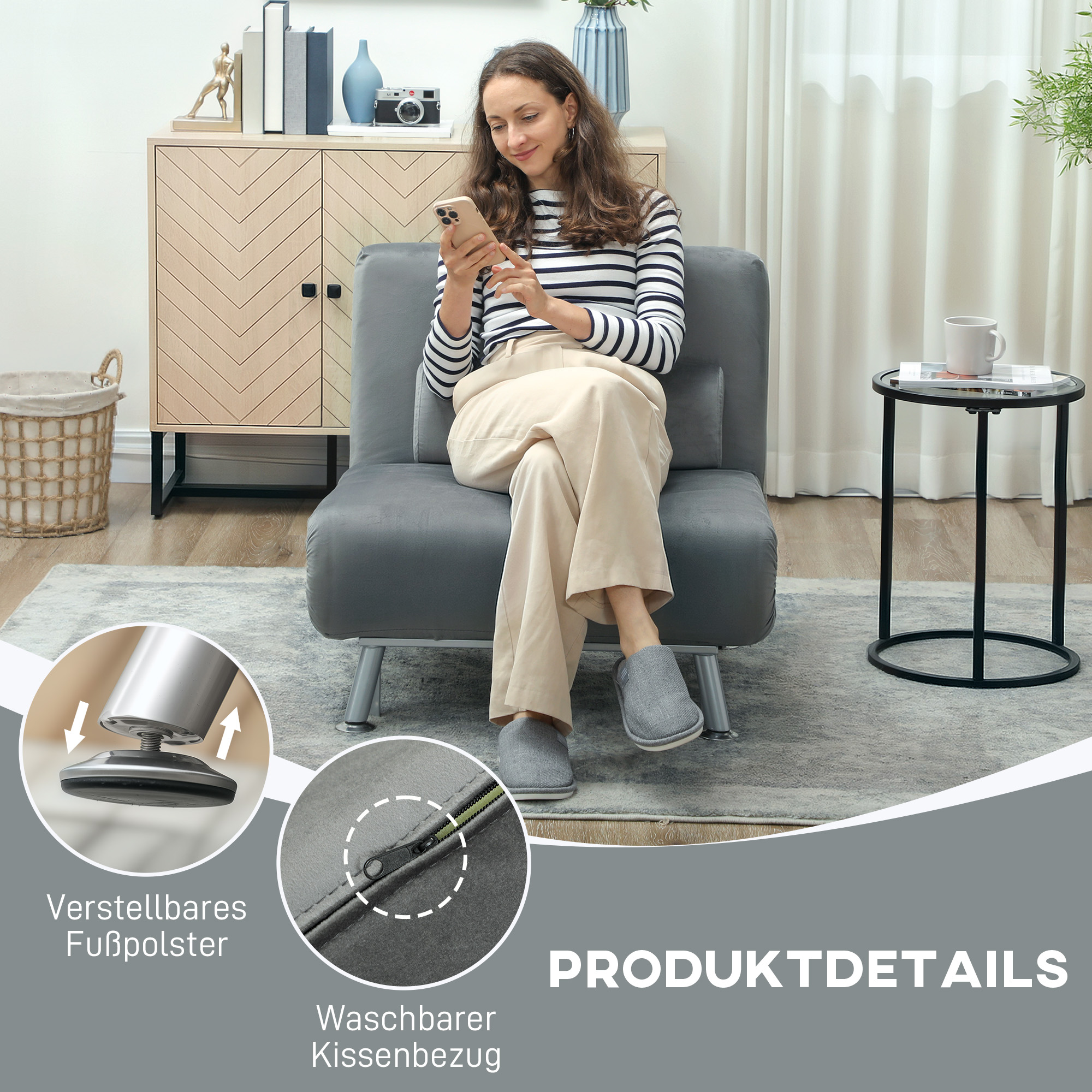 Klappsessel mit Bettfunktion, klappbarer Relaxsessel in Samtoptik, Verstellbare Rückenlehne, 75 x 70 x 75 cm, Grau