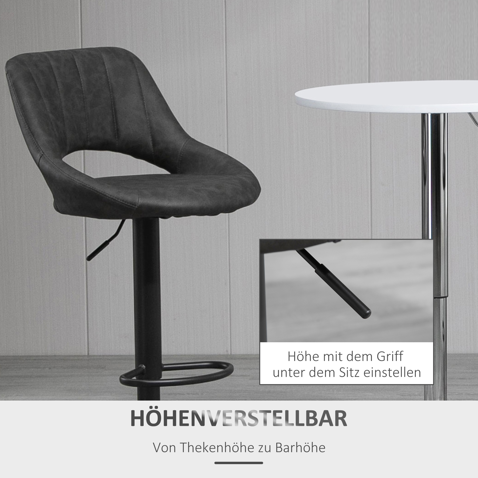 Barhocker 2er-Set, Lederoptik, drehbar, höhenverstellbar, Fußstütze, Metallrahmen, 47 x 52 x 87-109 cm, Grau