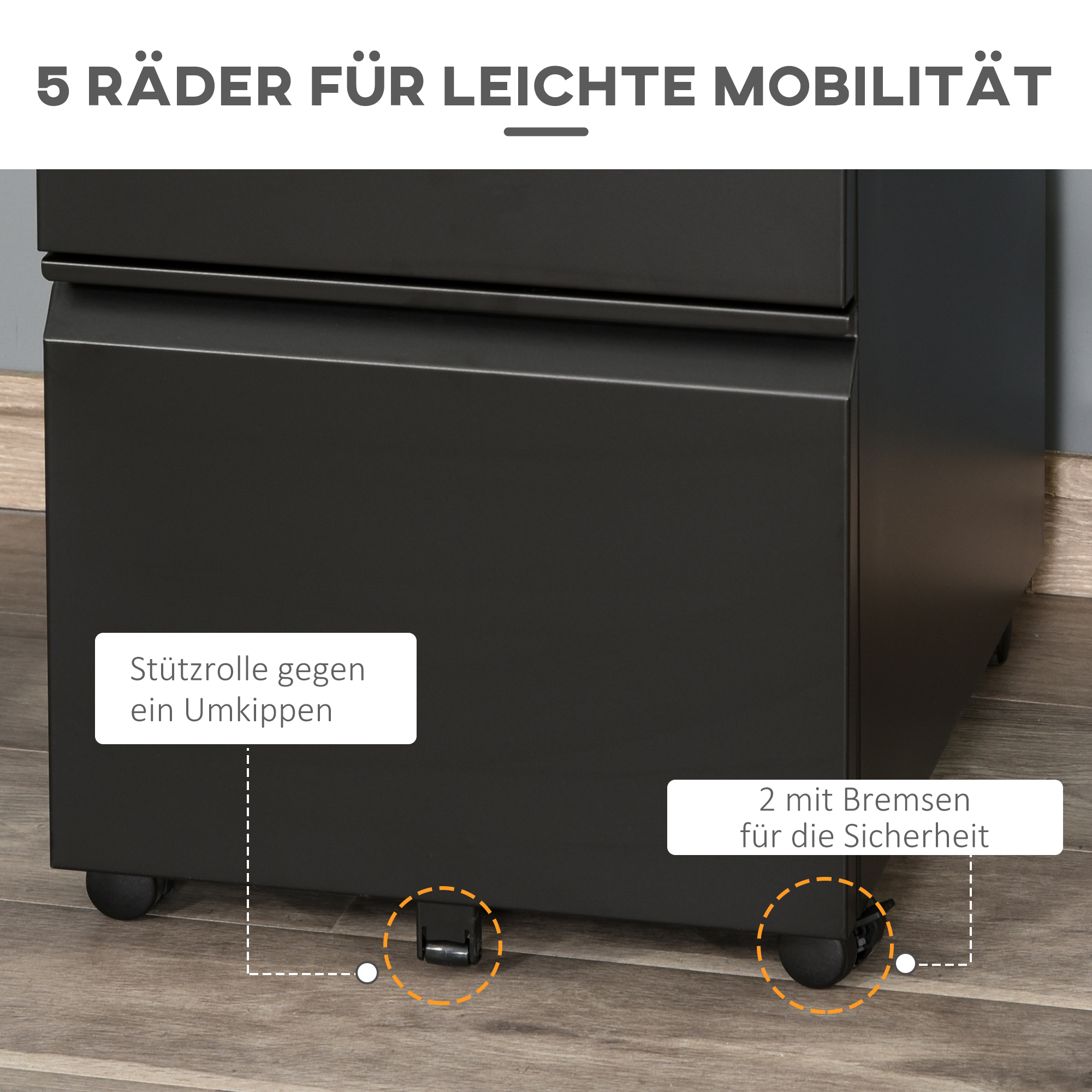 Rollcontainer, 3 Schubladen, 5 Räder, Hängeregister, abschließbar, Stahl, schwarz 39 x 48 x 60 cm