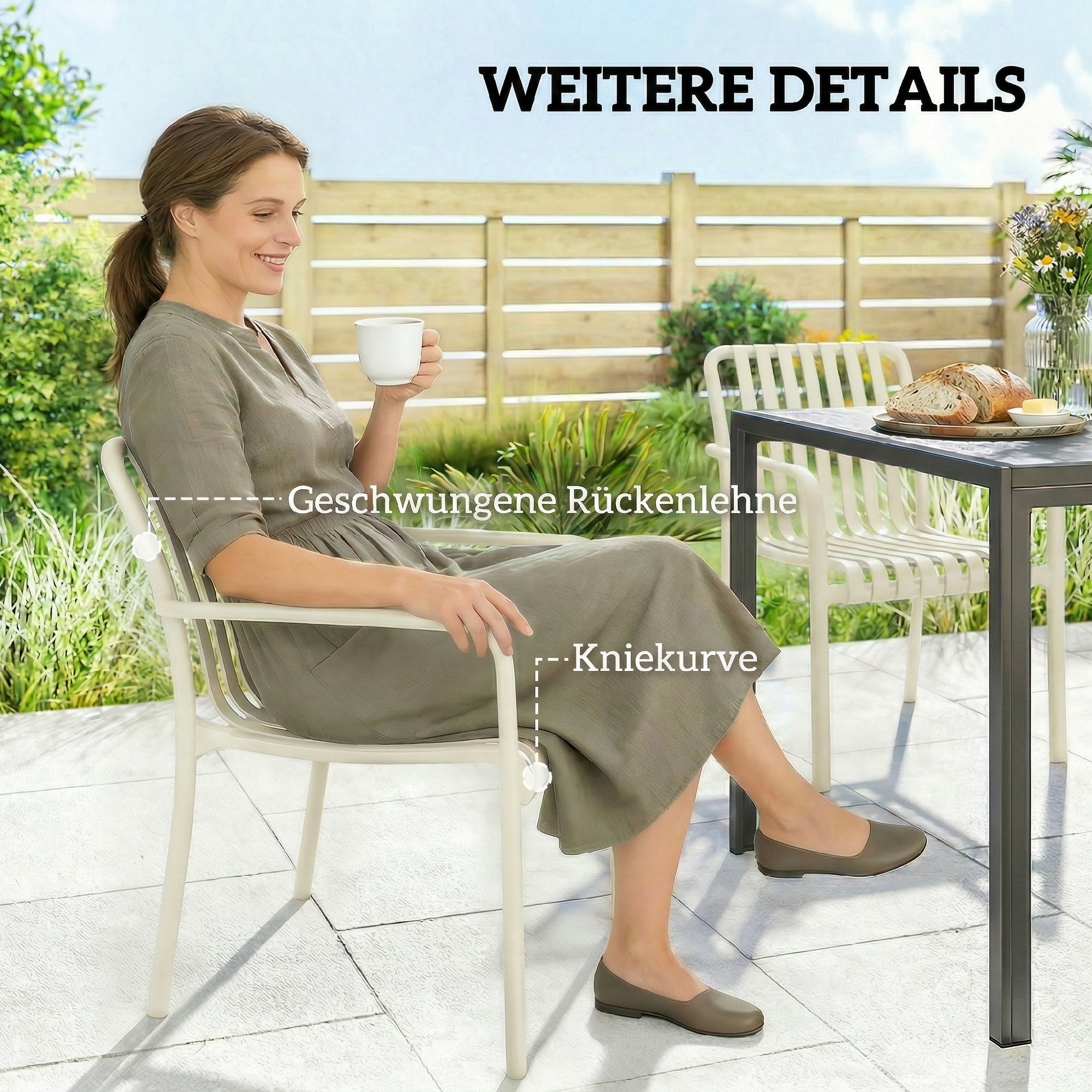 Gartenstühle 4er Set Stapelbare Terrassenstühle mit Lamelldesign Armlehnen, Ergonomisch Cremeweiß