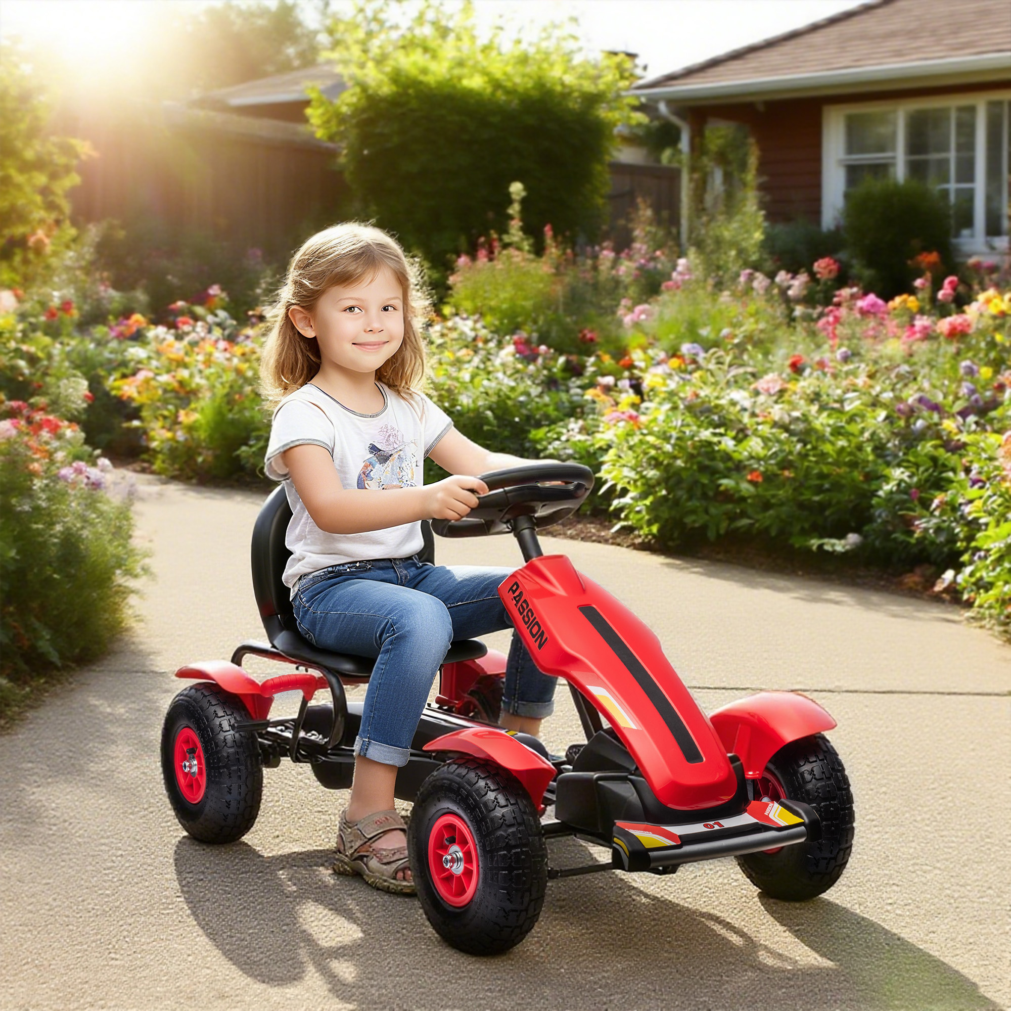 Gokart Tretauto mit Handbremse, verstellbarem Sitz, Vor- und Rückwärtsgang, bis 50kg für Kinder 5-12 Jahren Rot