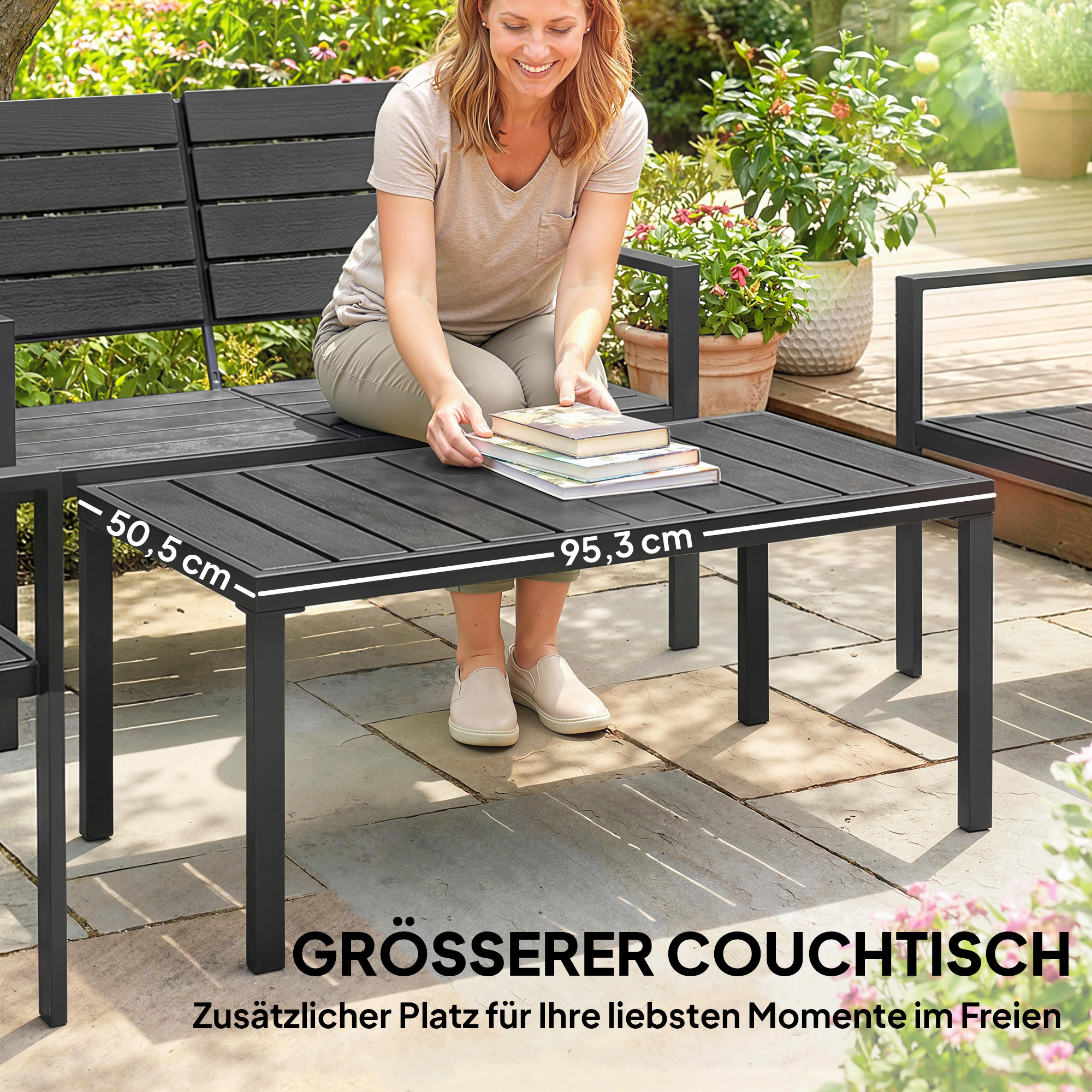 Gartenmöbel Set Sitzgruppe für 4 Personen Gartenlounge mit 2er Sofa 2 Sessel Beistelltisch Lamellendesign Schwarz