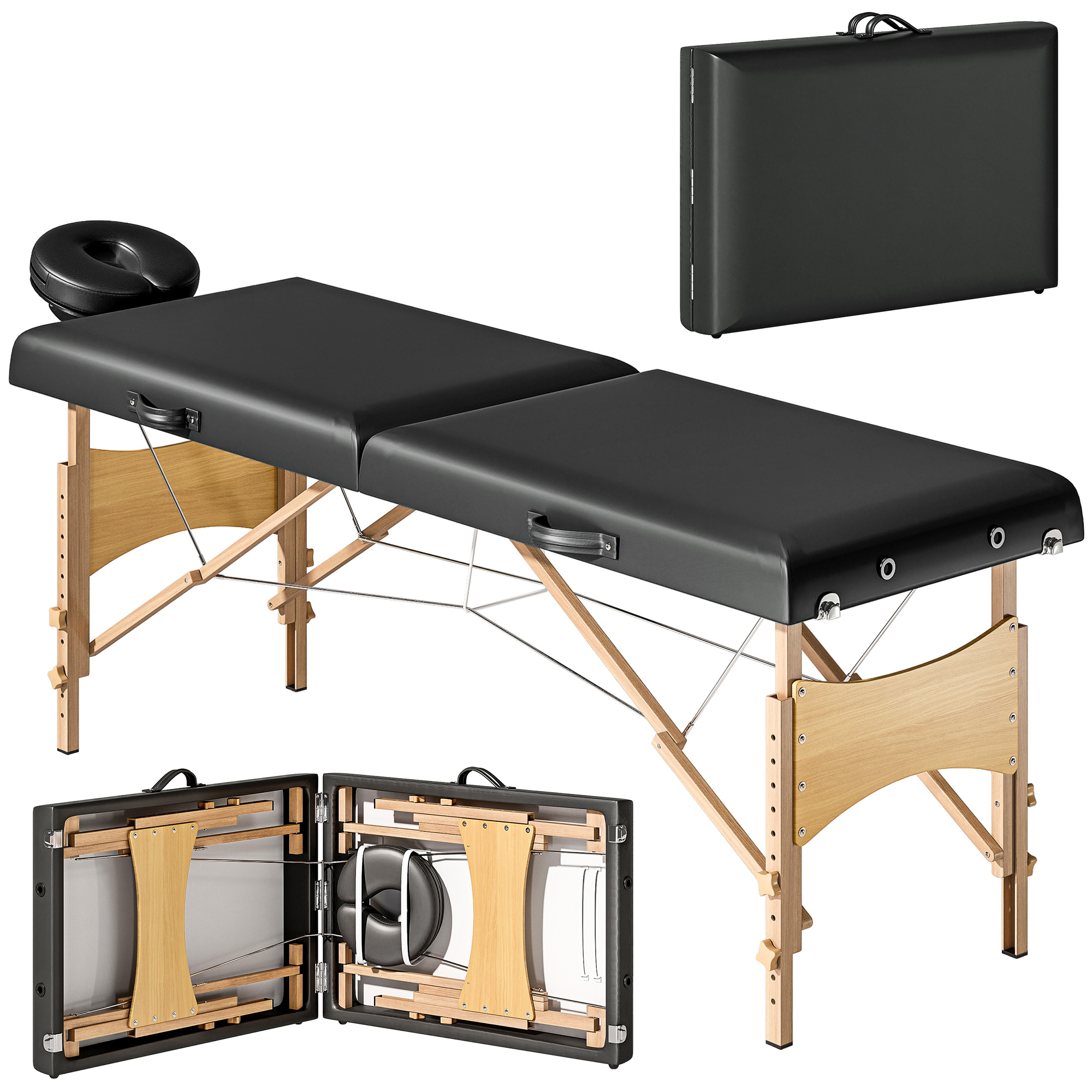 höhenverstellbarer Massagetisch, Holzgestell, Klappbares Massagebett, Schaumstoffpolsterung, Schwarz