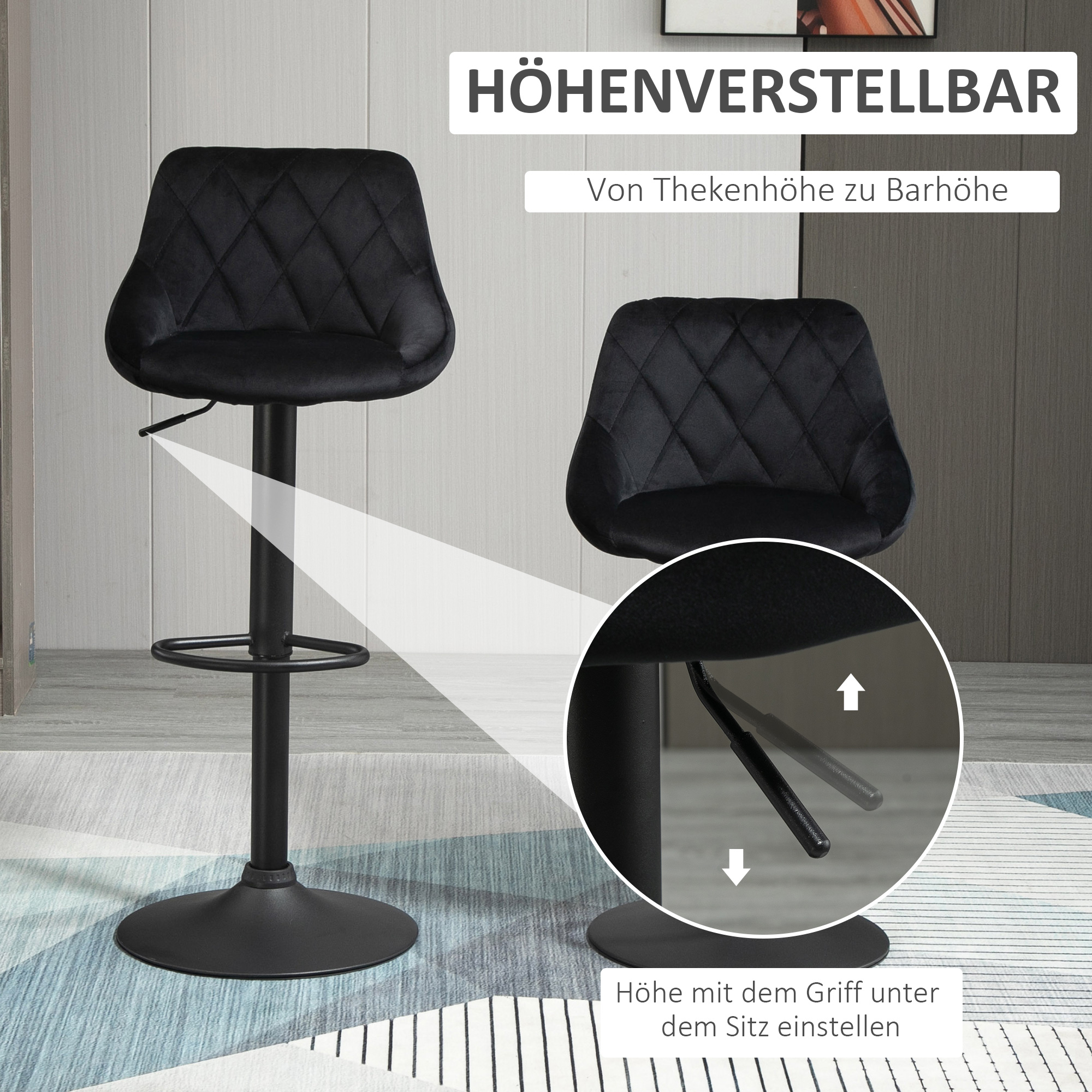 Barhocker 2er Set Höhenverstellbar Drehbar Barstühle mit Samtoptik Tresenhocker mit Rückenlehne mit Diamant-Tufting und Fußstütze für Bar, Theke, Esszimmer, Stahl Schwarz