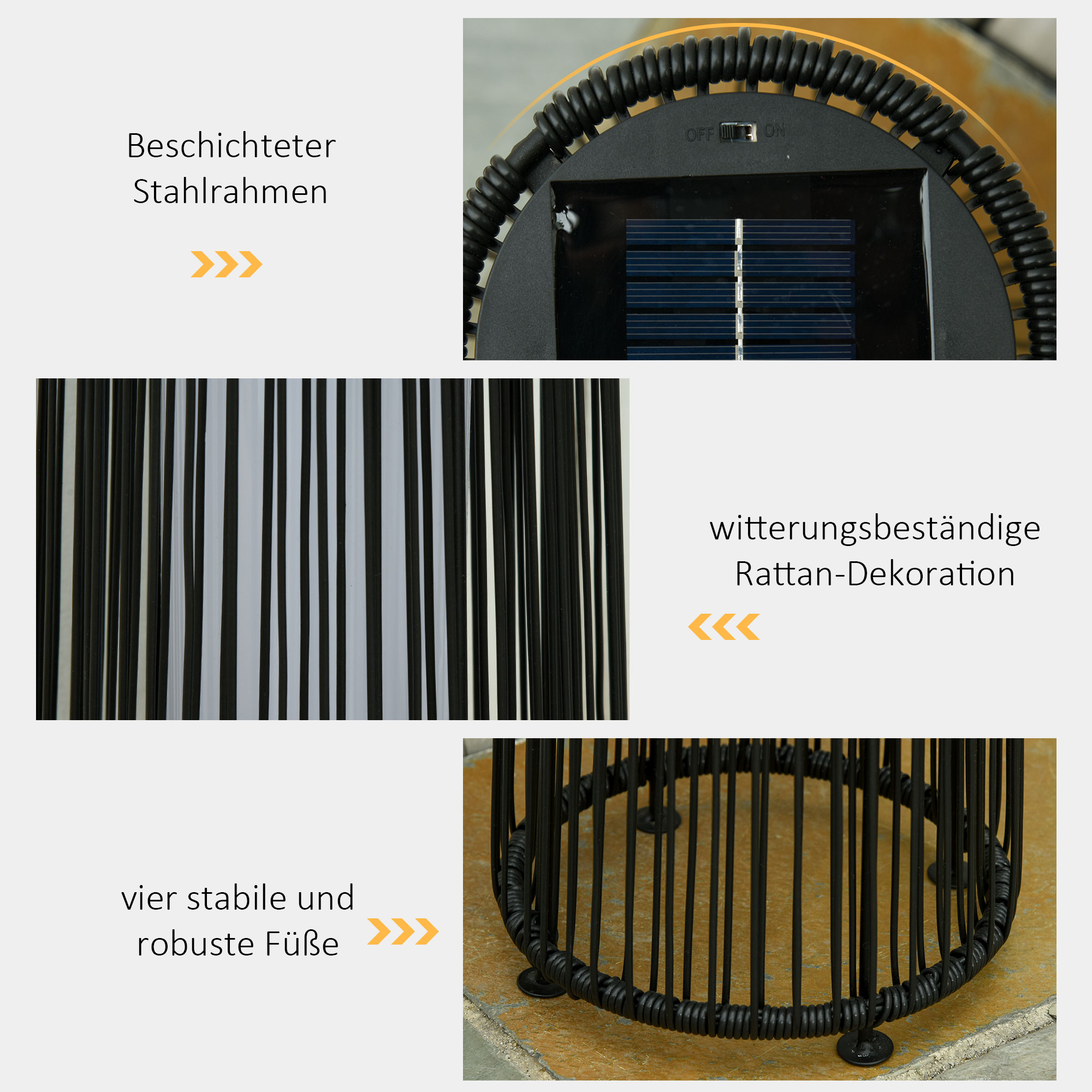 Gartenleuchte, Außenlampe, solarbetrieben, 8 Stunden Betrieb, Rattanoptik, schwarz, 21,5 x 21,5 x 61 cm