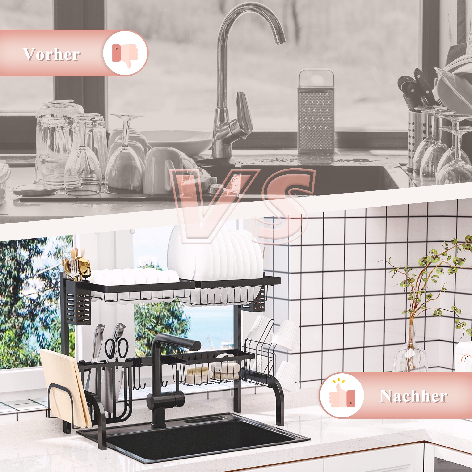Geschirrkorb, Modularer Geschirrhalter aus Metall, bis zu 26 kg belastbar, Schwarz