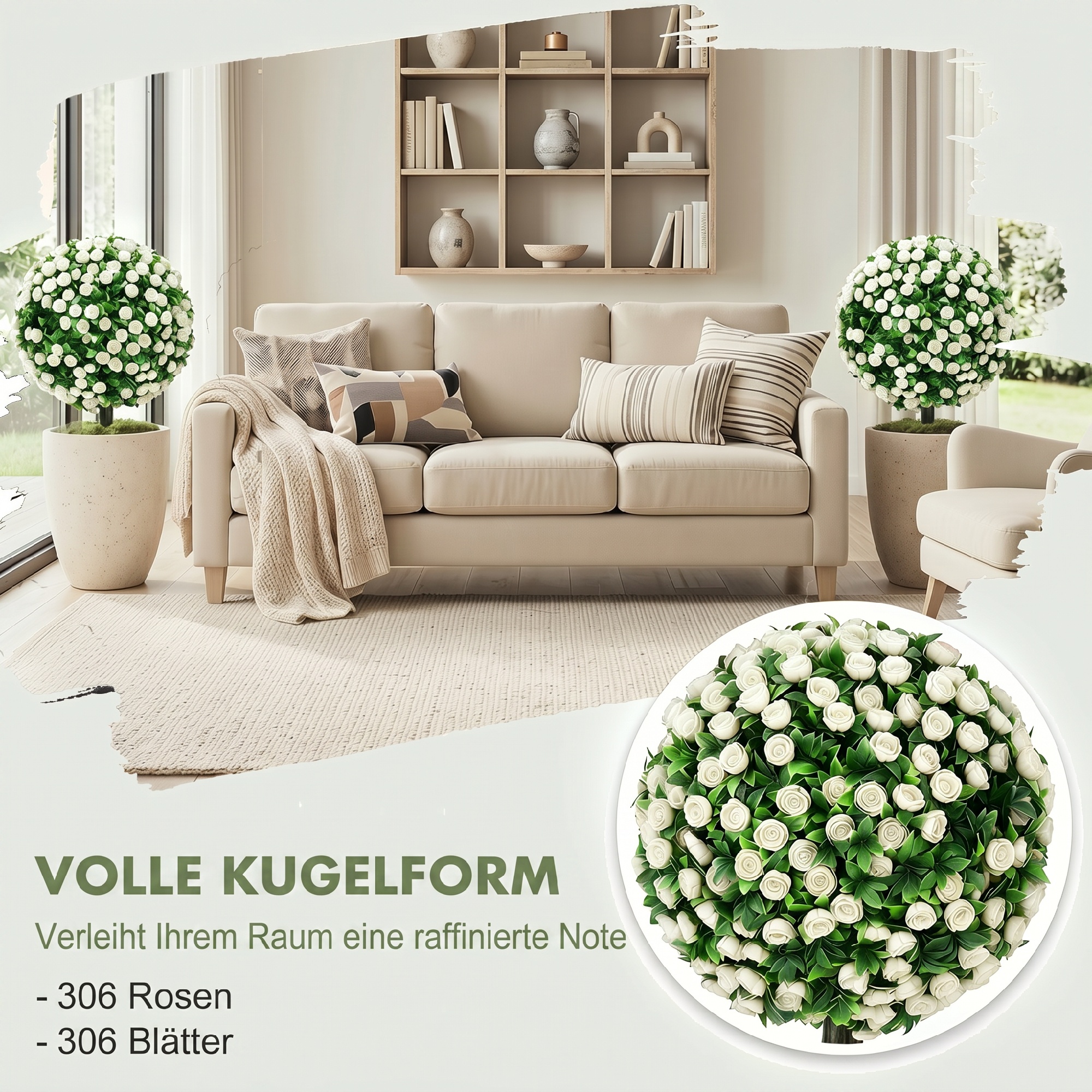 Künstliche Rosenkugeln UV-beständig für den Außenbereich, Set aus 2 Rosenbäumen, 55 cm, Weiß