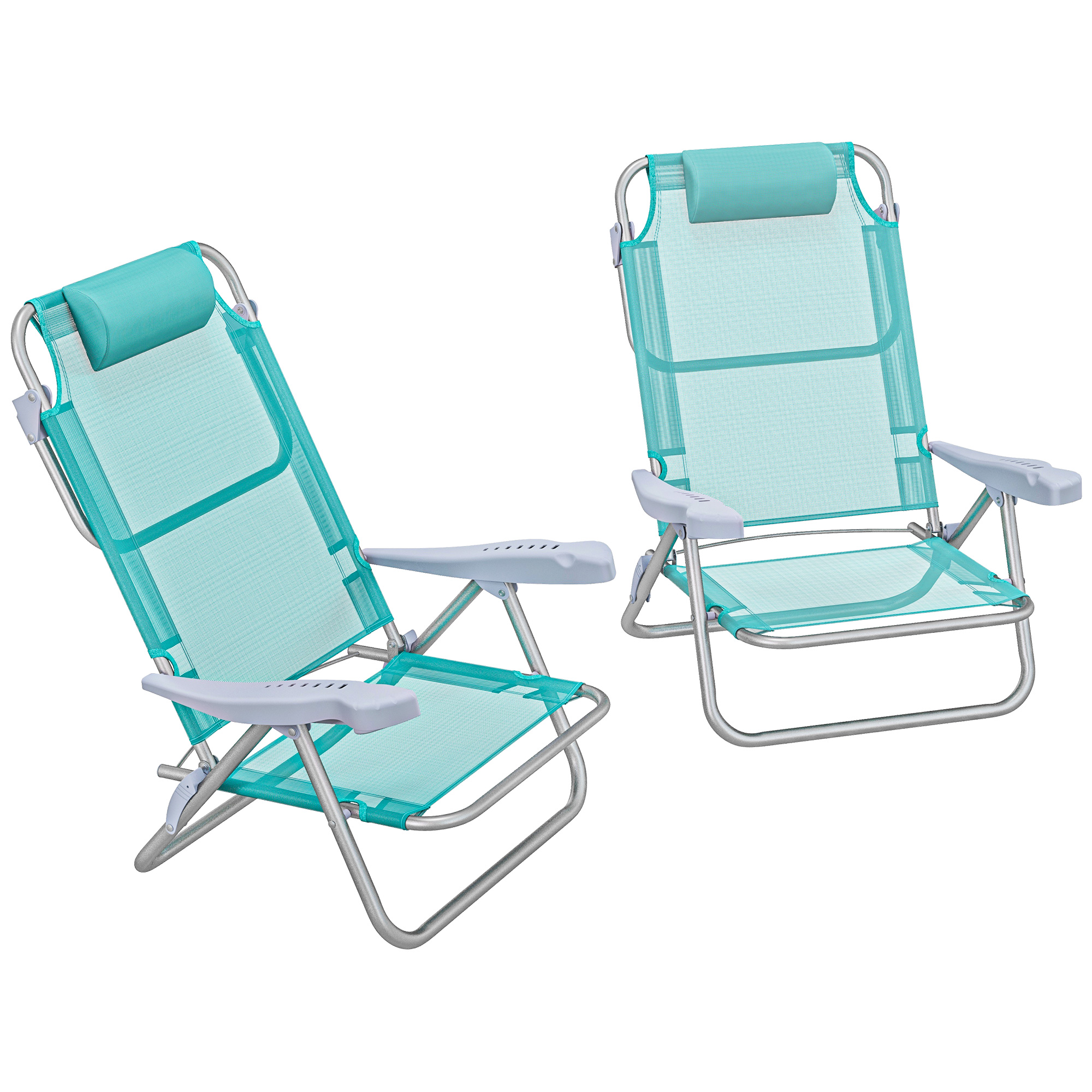 2er Set Campingstühle klappbar Campingstuhl mit 6-fach verstellbarer Netzrückenlehne Kopfstütze 62 x 65 x 80 cm Türkis