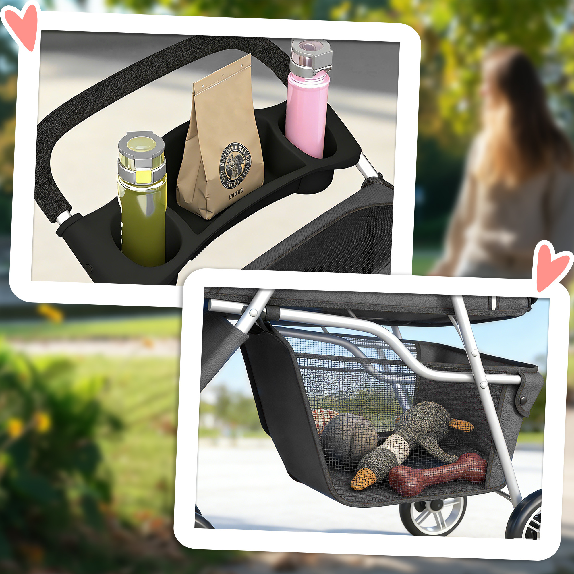 Faltbar Hundewagen mit verstellbarem Verdeck, Aufbewahrungskorb, für kleine Hunde bis 10kg, 77 x 44 x 102 cm Dunkelgrau