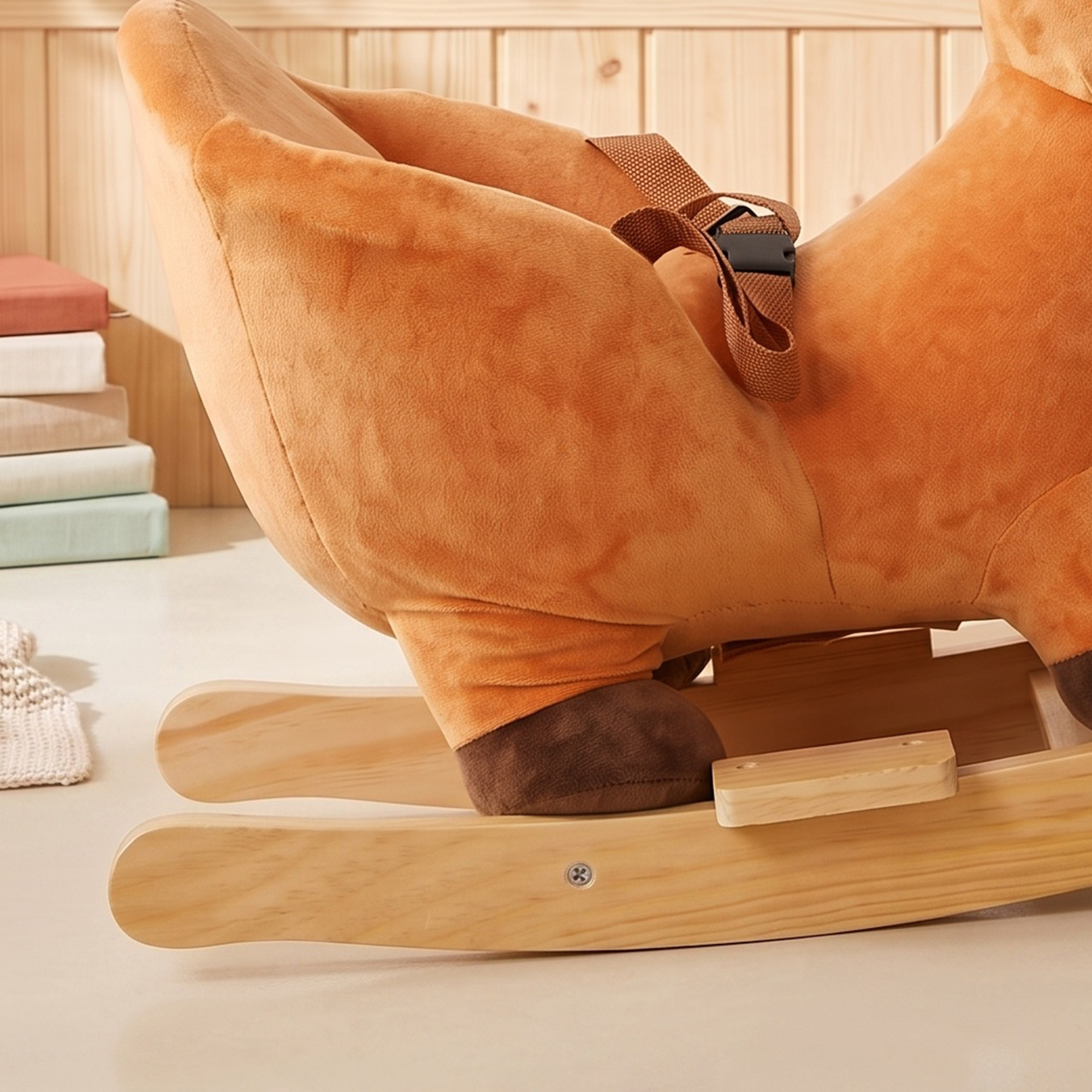 Schaukelpferd im Hirsch-Design, stabiles Plüsch-Schaukelpferd mit Tiergeräuschen, Sicherheitsgurt und Schaukelstopp