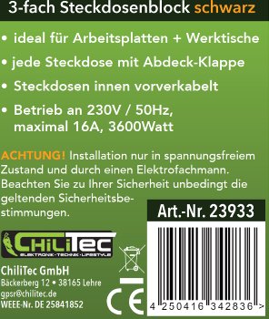 3-fach Steckdosenblock, schwarz / 250V~/ 16A, Aufbaumontage mit Klappen