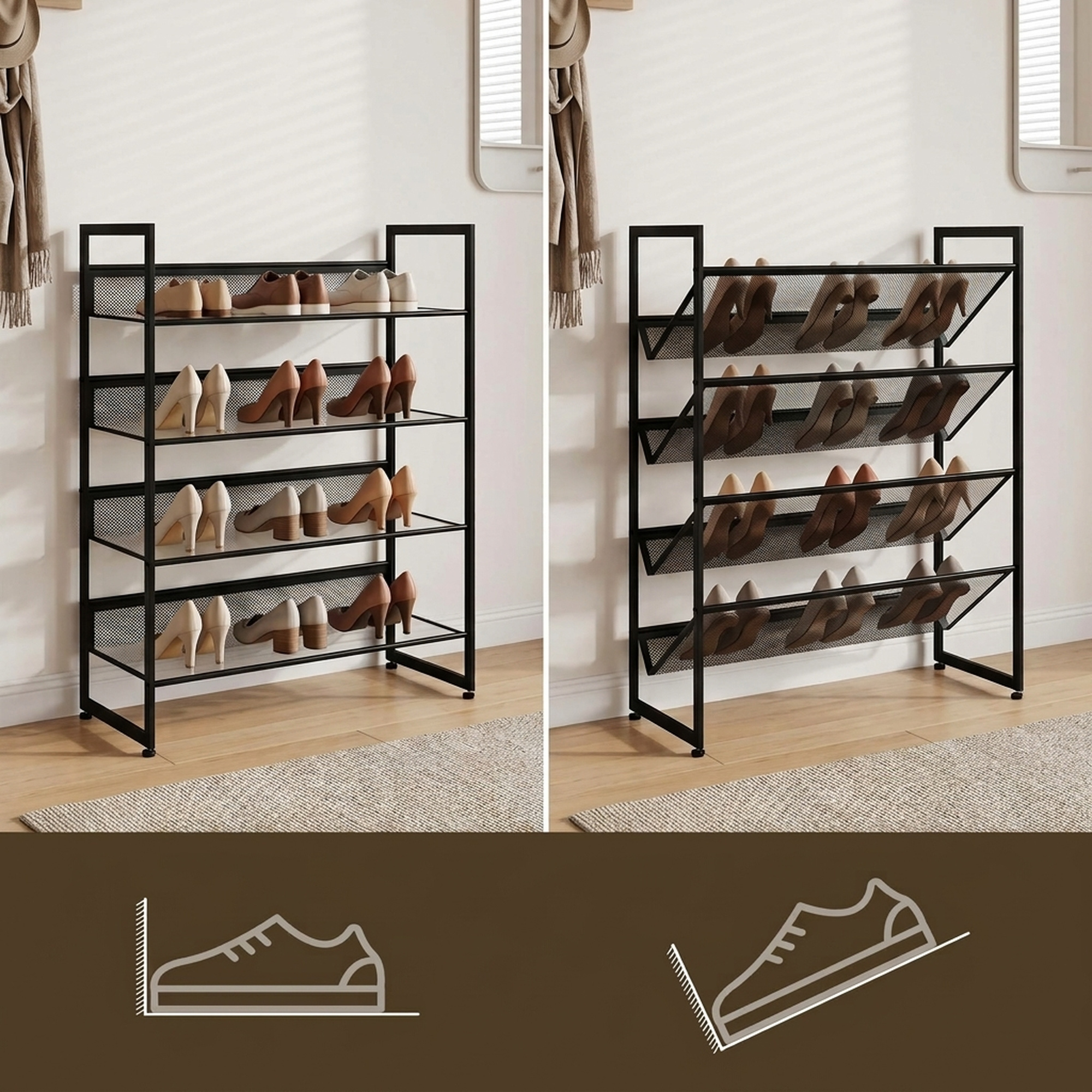 Schuhregal Schuhablage Schuhständer, 4 Regale, 72 cm x 30 cm x 82,7 cm, Schwarz
