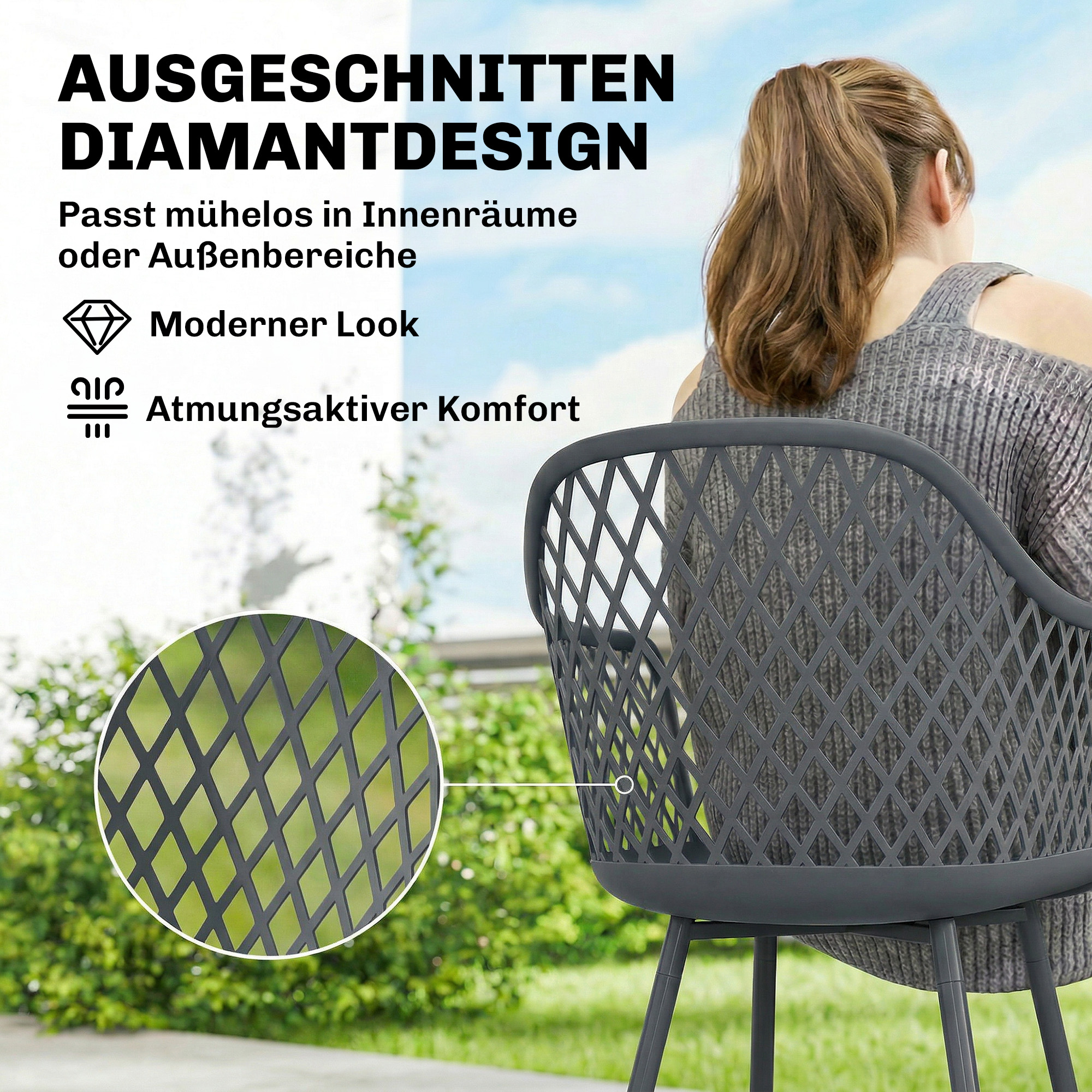Gartenstuhl 4er Set UV-beständige Gartenstühle aus Kunststoff mit Armlehne Rückenlehne 56 x 51 x 84 cm Dunkelgrau