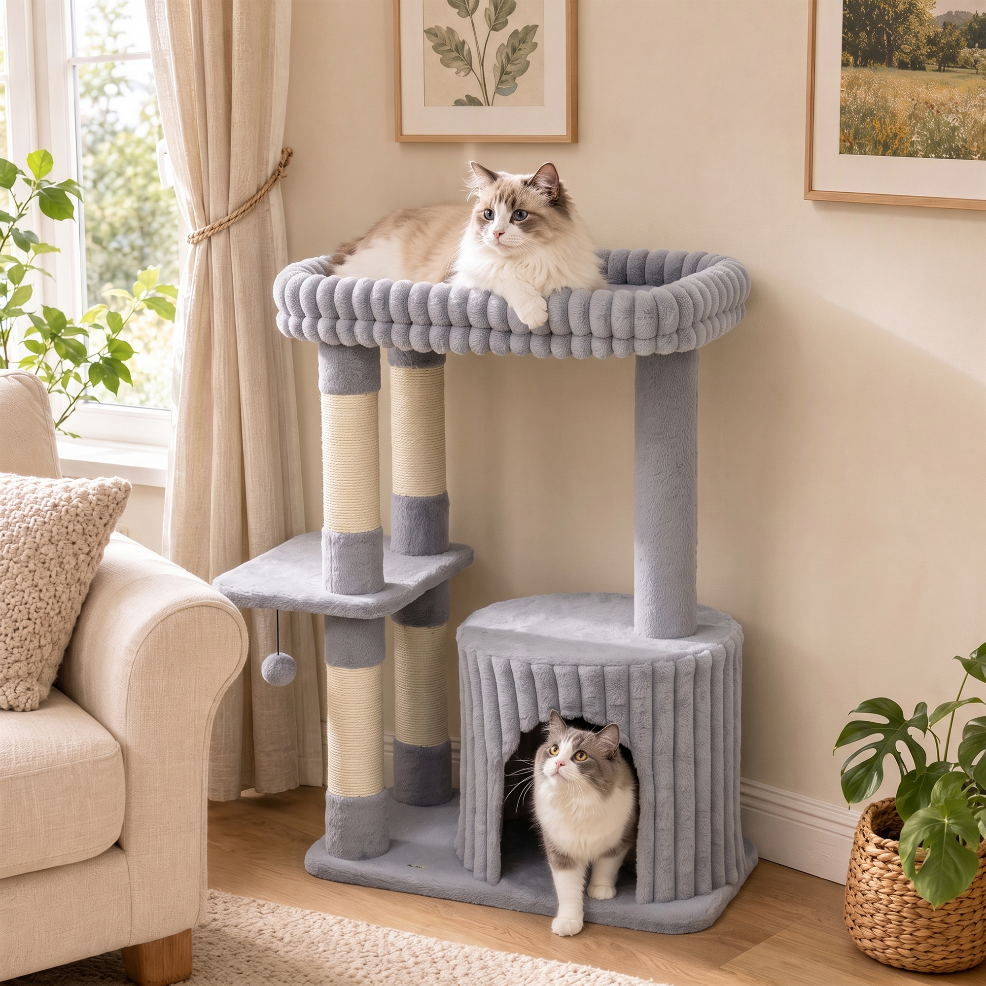 Katzenbaum, 93 cm 3 stufiger Kratzbaum mit Sisal-Kratzstämmen, Kuschelhöhle, großer Liegefläche, Plattform, bis 6 kg