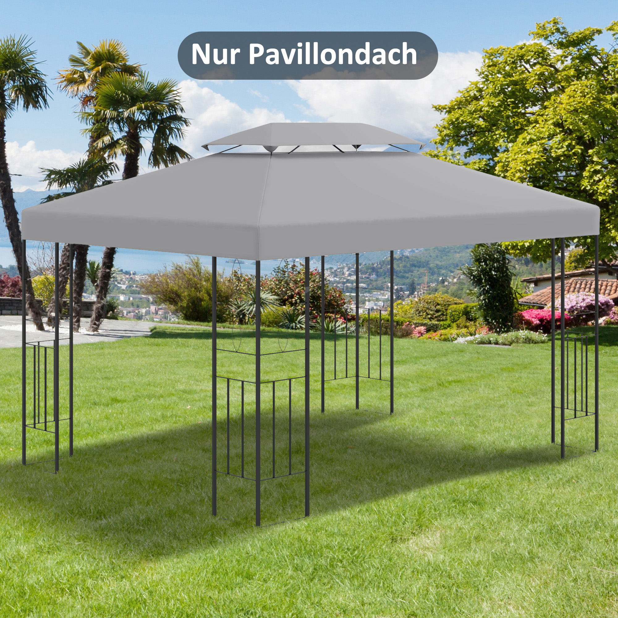 Ersatzdach für Metallpavillon 3x4m wasserabweisend Pavillondach mit Doppeldach, Ersatzbezug für Gartenpavillon Partyzelt Gartenzelt Polyester Hellgrau
