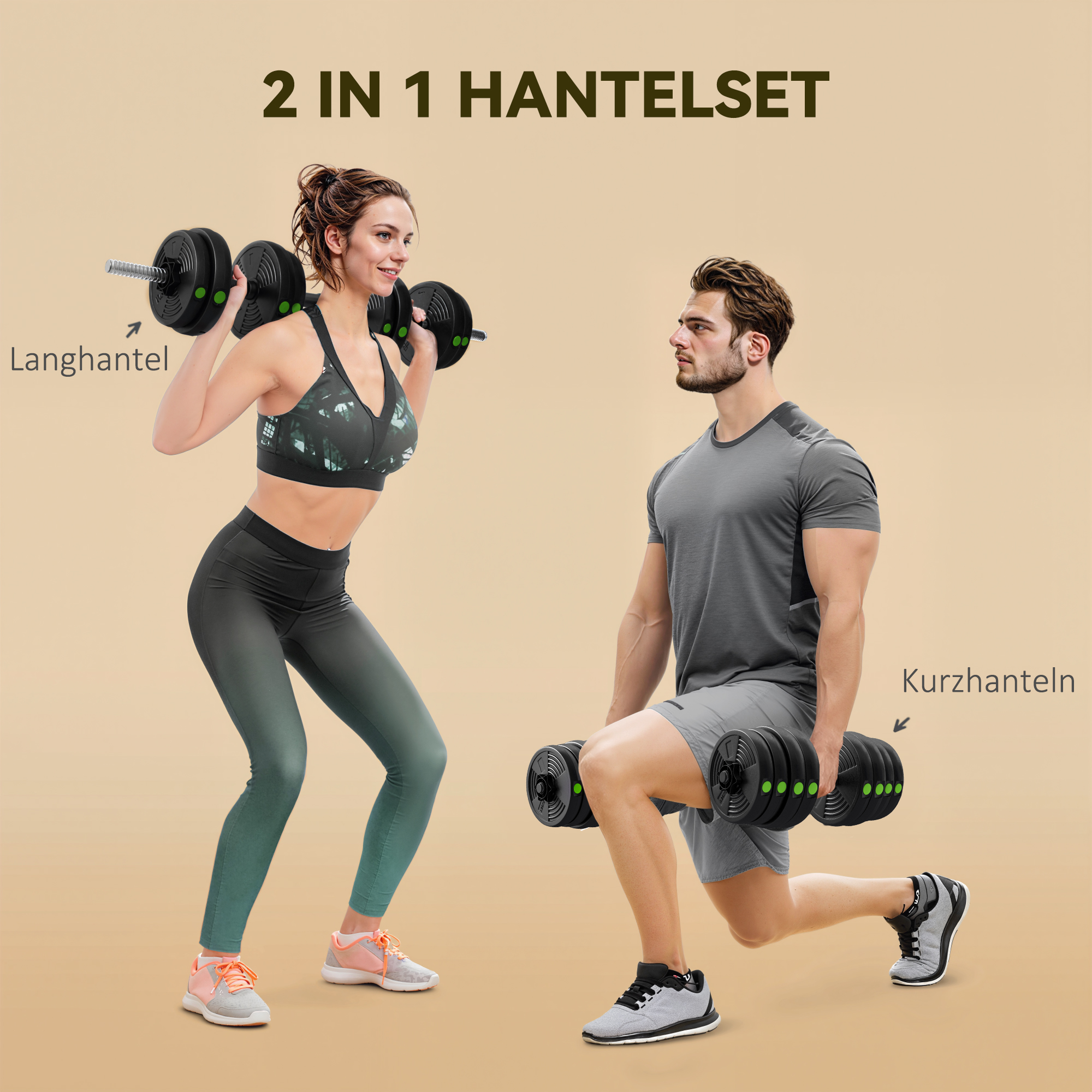 2-in-1 Hantel-Set, Lang- & Kurzhantel, 30 kg, rutschfest, bodenschonend, Schwarz/Grün