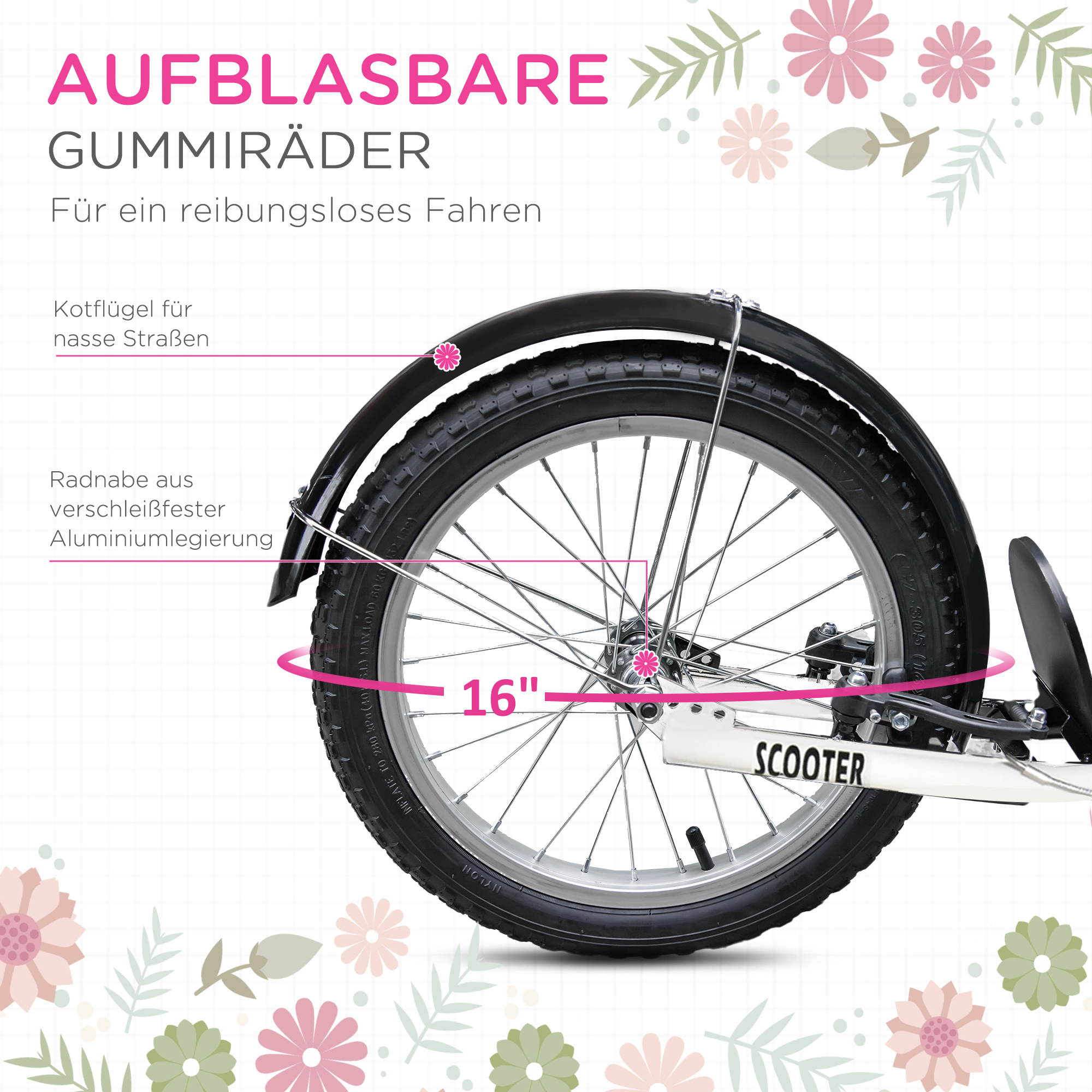 Kinderroller Tretroller mit Bremse, inkl, Korb, höhenverstellbar, für Kinder von 5 bis 12 Jahren, Weiß + Pink