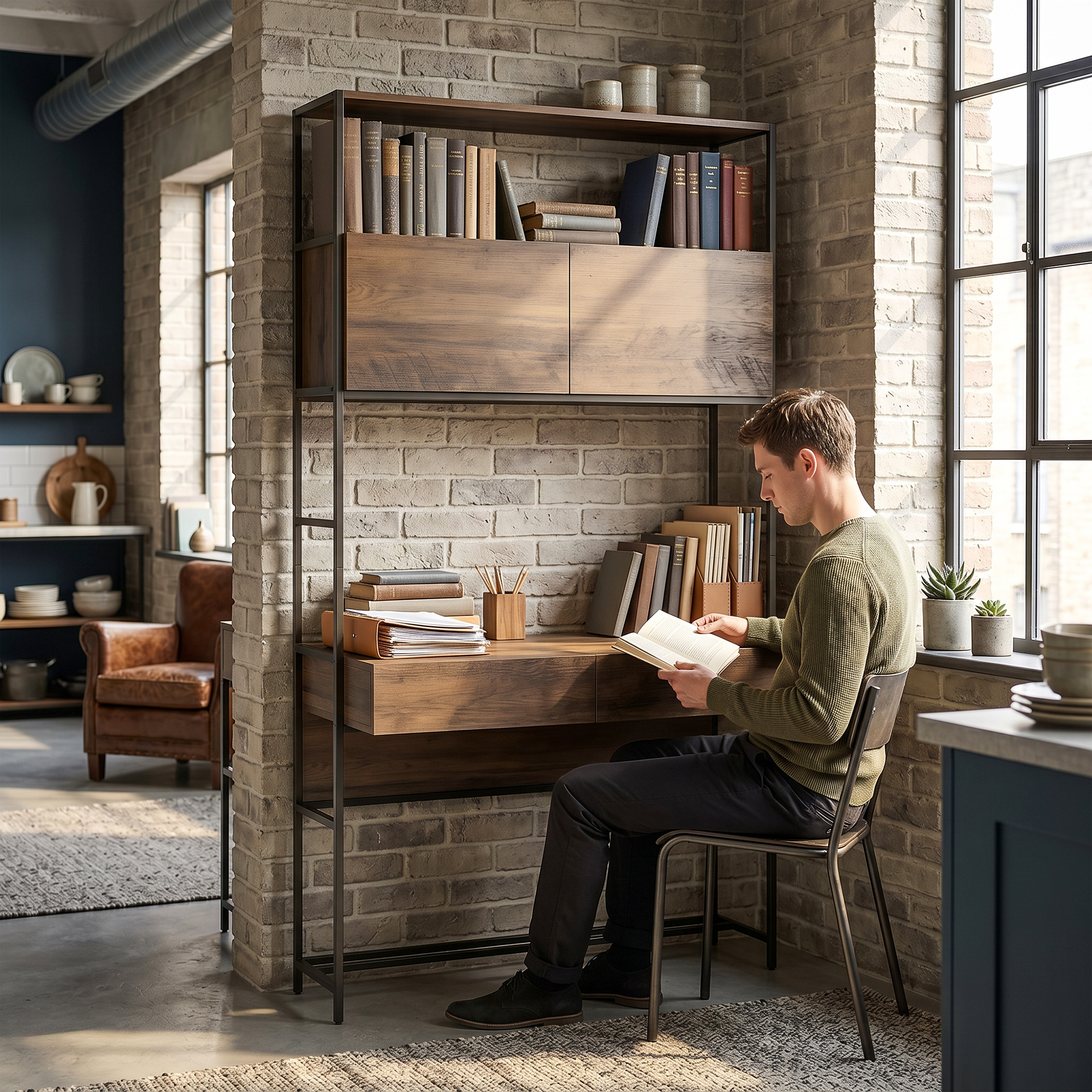 Computertisch mit Regalen und 2 Schubladen für das Home Office, 185 cm hoch, Braun Holzoptik