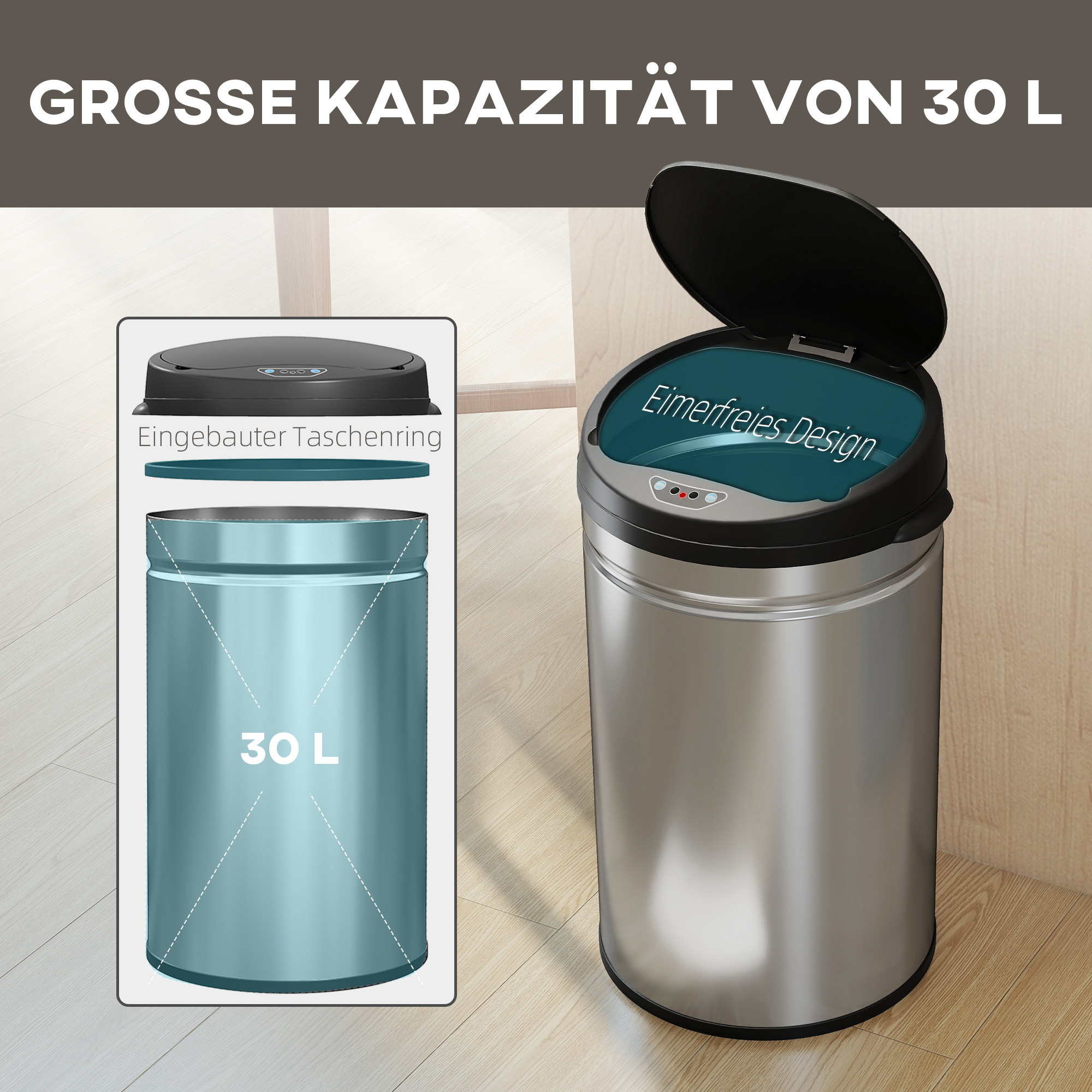 30 Liter Sensor-Mülleimer mit Soft-Close-Funktion, berührungsfreier Abfalleimer aus Edelstahl für hygienische Küchen