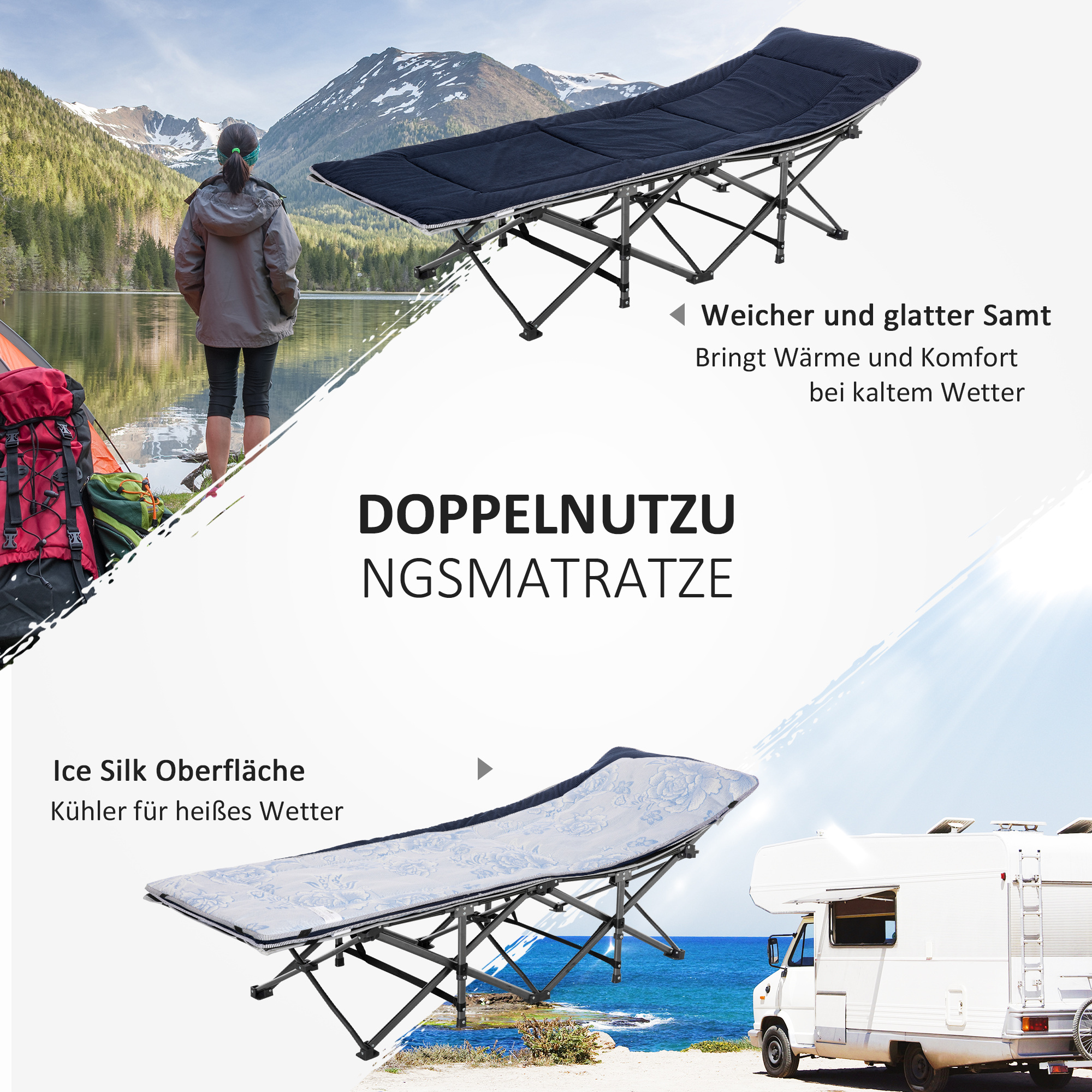 Campingbett, klappbares Feldbett mit Kopfkissen, 188 x 64,5 x 53 cm, Dunkelblau+Grau