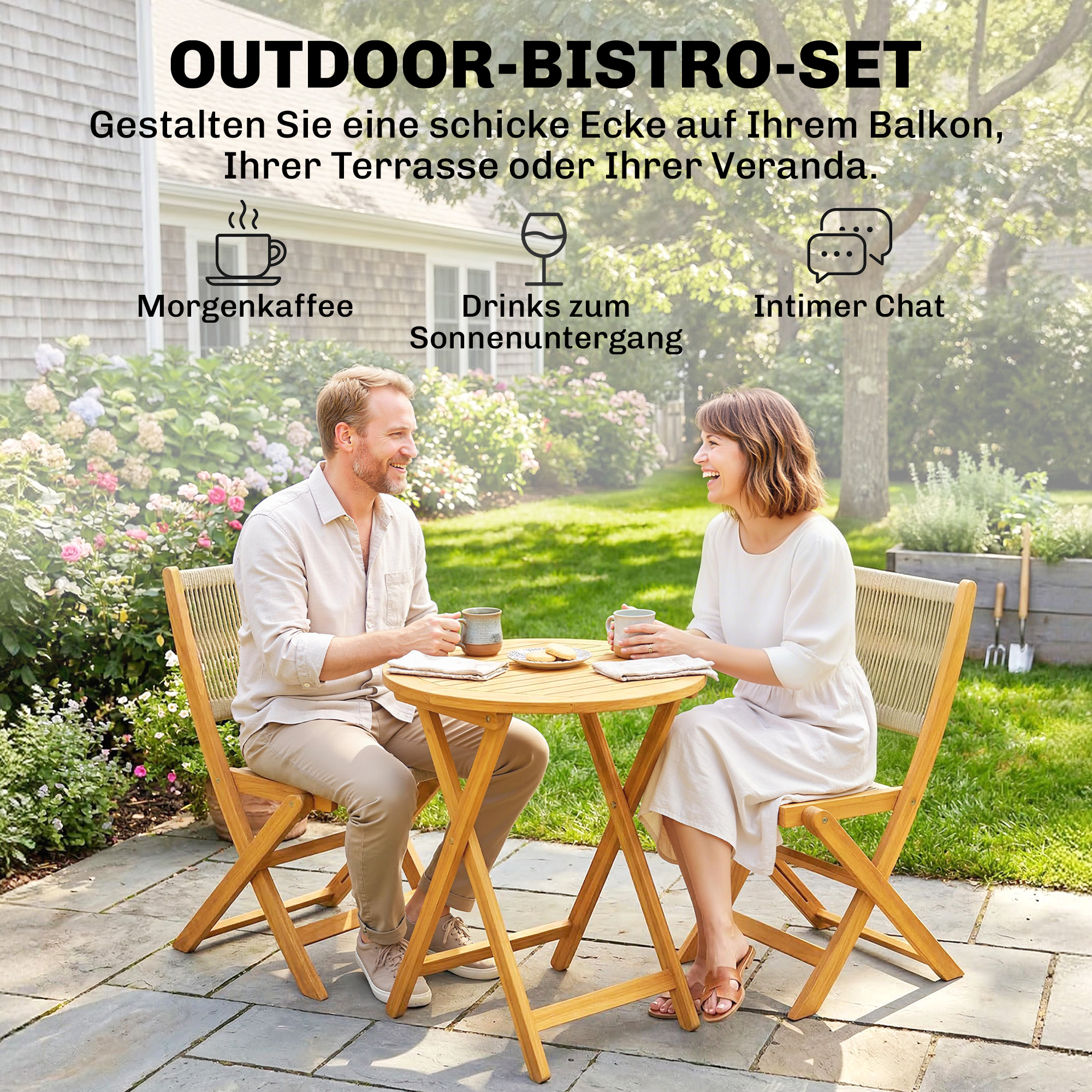 Balkonmöbel Set 3 teilig Polyrattan Holz klappbar Gartenmöbel Set mit Tisch 2 Stühle, Atmungsaktiv