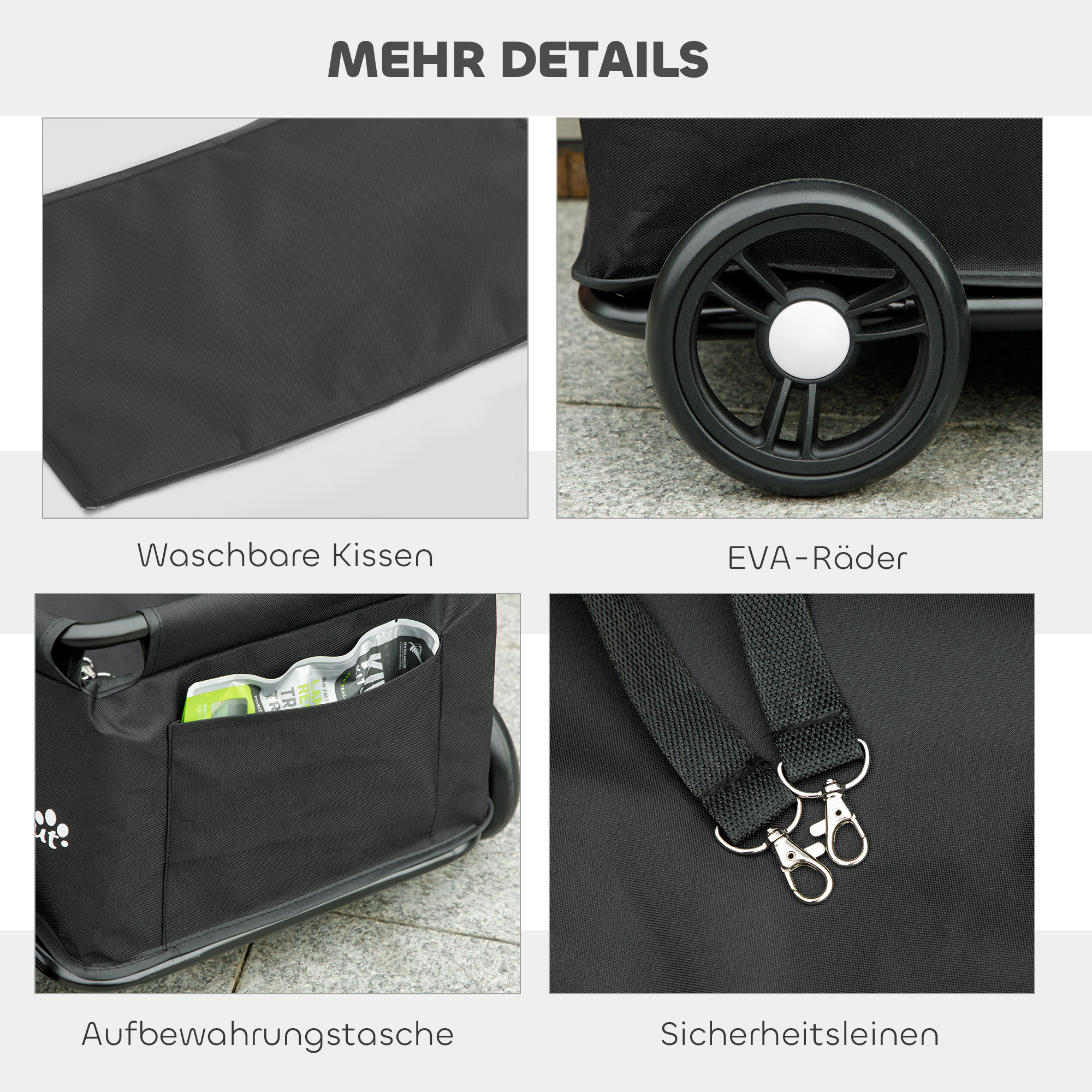 Hundewagen, klappbarer Hundebuggy für Zwergenhunde bis zu 4 kg, zusammenklappbarer Katzenbuggy mit Griffstange, waschbarem Kissen, Sicherheitsleinen, Aufbewahrungstasche, 4 Räder, Schwarz