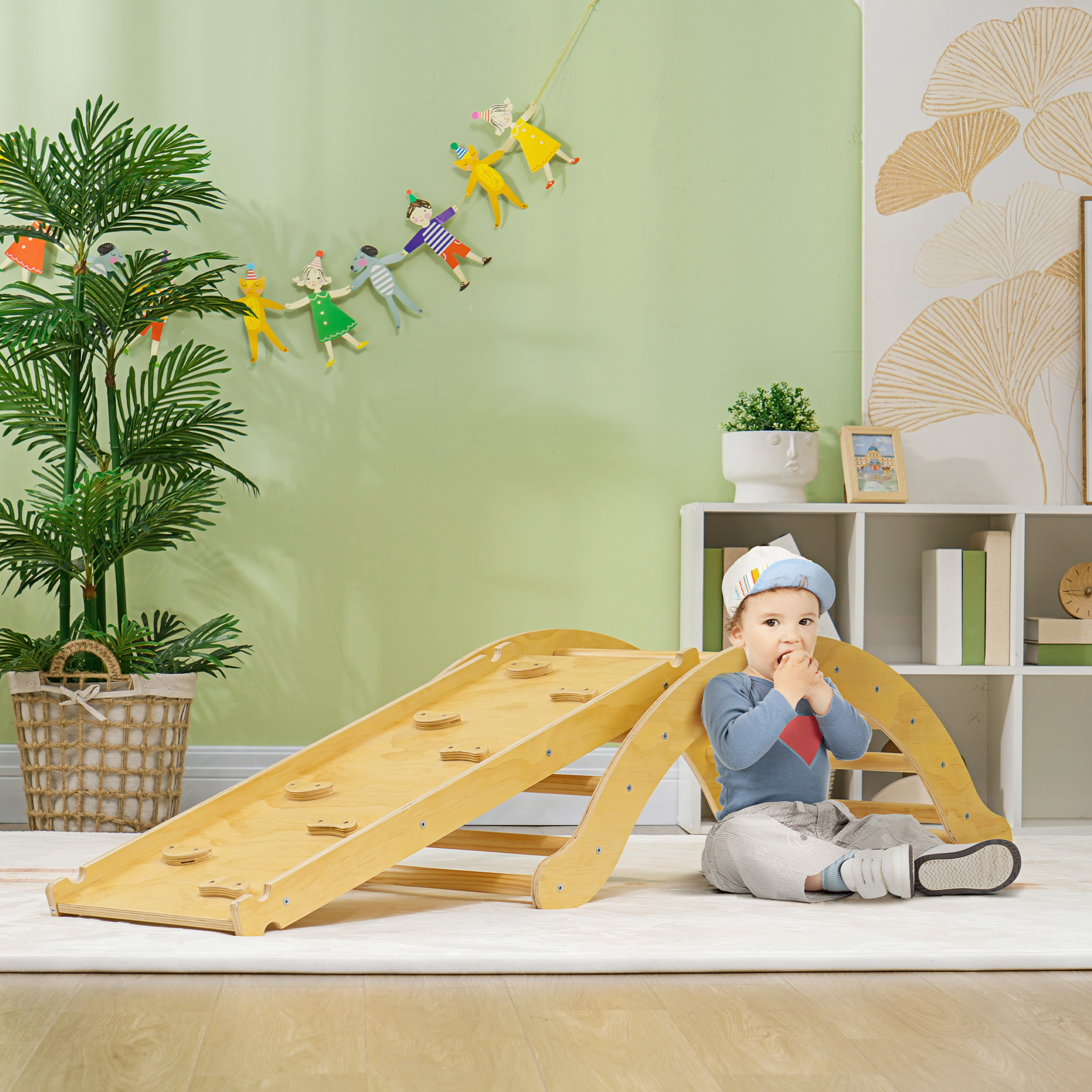 Kinder-Kletterset, 4-in-1-Design mit Bogenbrücke, Schaukelwippe, Kissen, Rutschrampe, für den Innenbereich, Holz