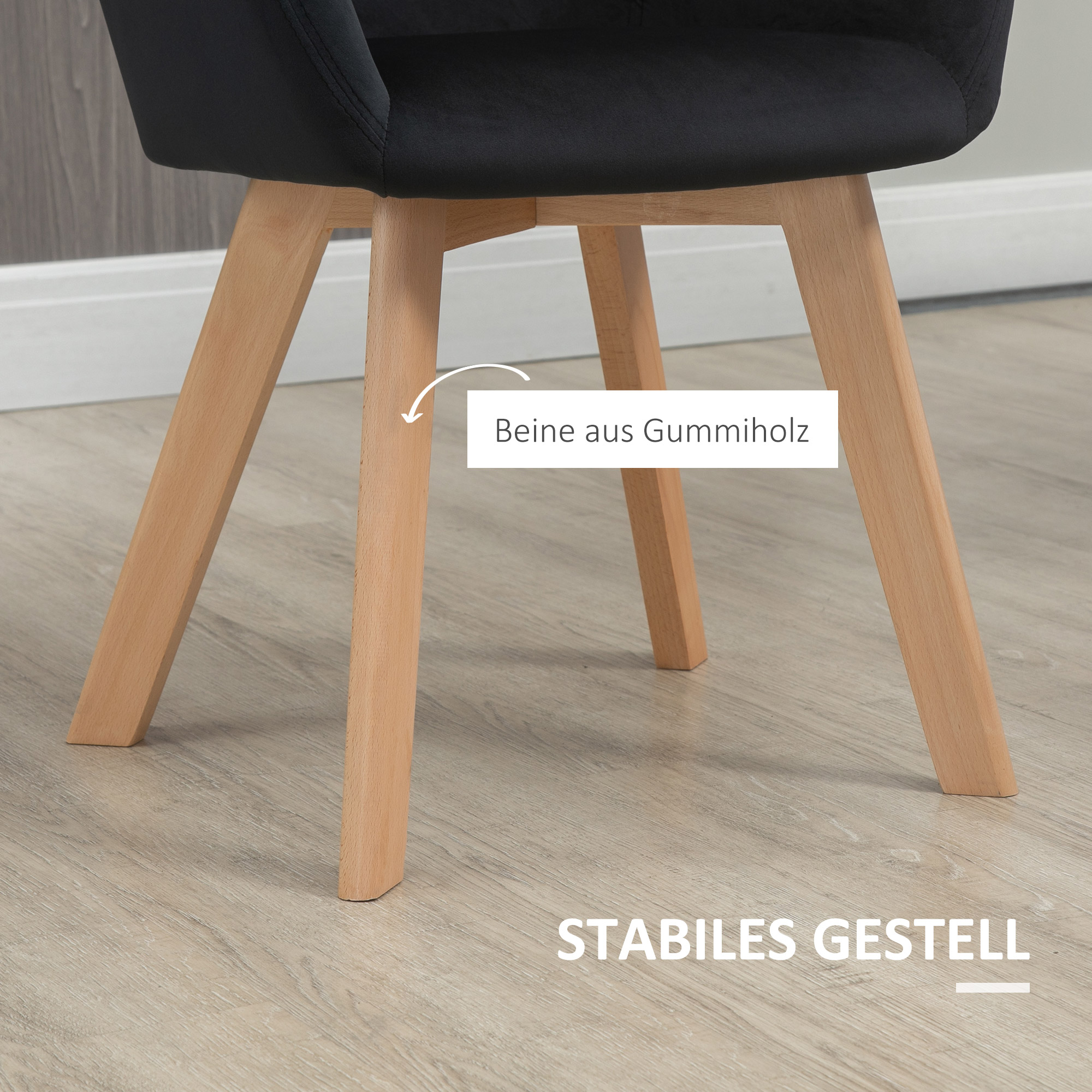 Esszimmerstühle, 2er-Set, modernes Design, Samtoptik, Kautschukbaumholz, 54x57x80 cm, Schwarz