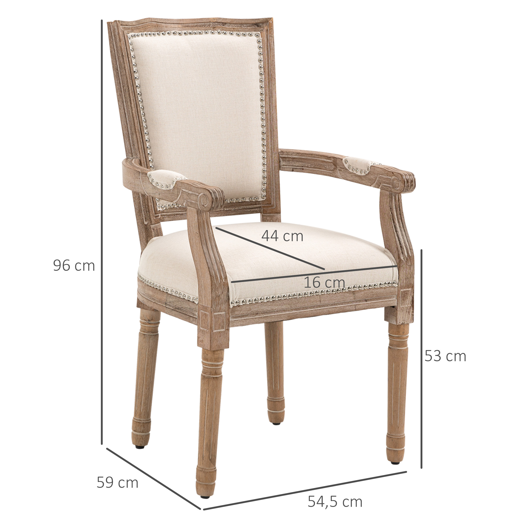Esszimmerstuhl, Küchenstuhl, Nietendekor, französischer Landhausstil, Kautschukholz, Cremeweiß, 54,5 x 59 x 96cm