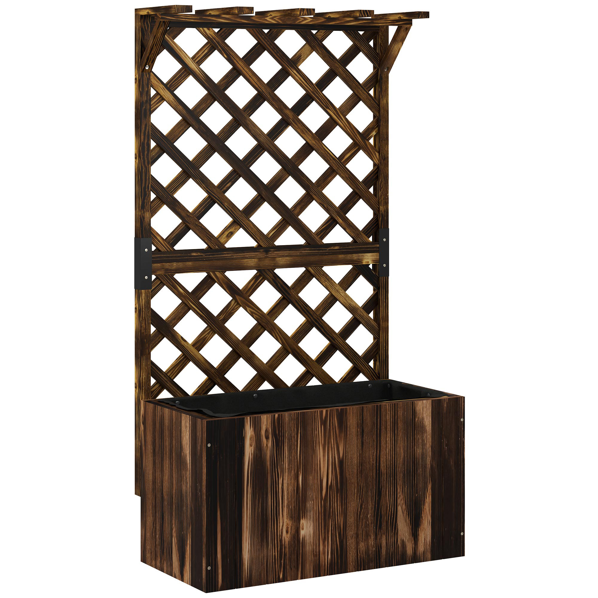 Hochbeet Pflanzkasten mit Rankgitter, Spalier Pflanzkübel Blumenkasten Holz, Gartenspalier 64 x 33 x 122cm Verkohlt
