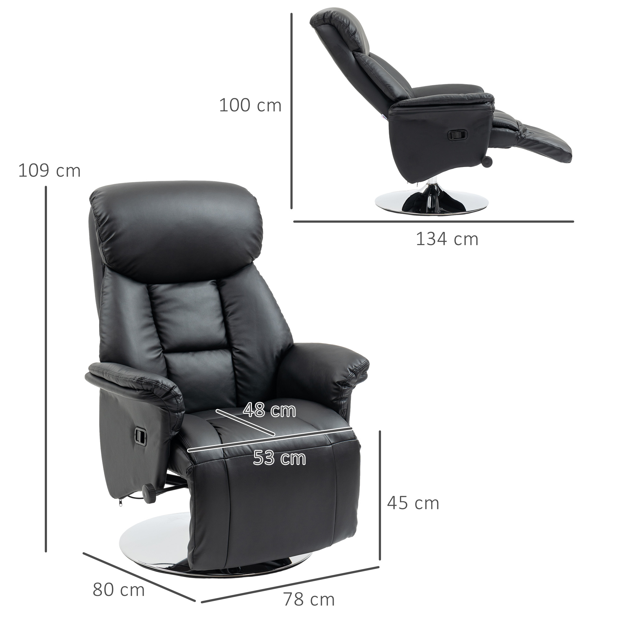 Relaxsessel, Liegefunktion, Lederoptik, Fußstütze, bis 150 kg, 78 x 80 x 109 cm, Schwarz