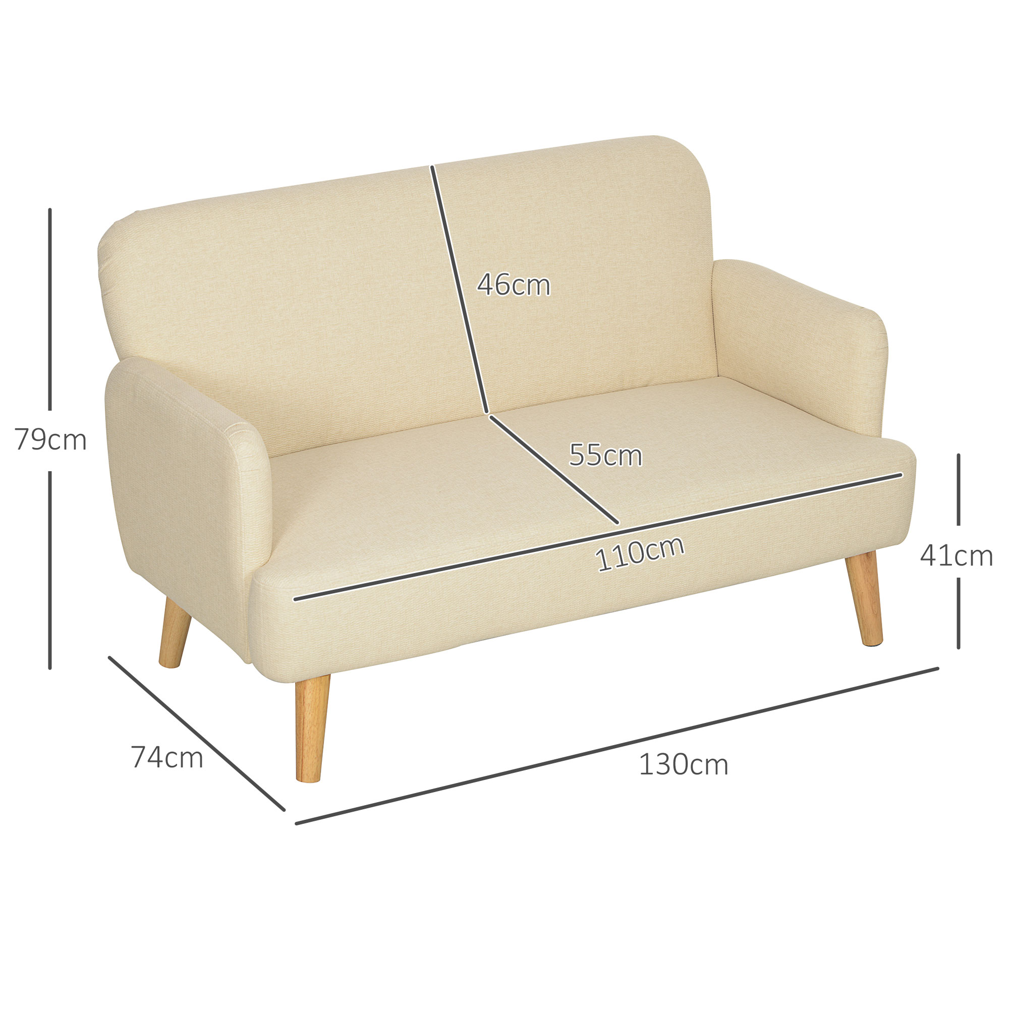 Zweisitzer-Sofa, kompakt, hautfreundlicher Bezug, bis 240 kg, 130x74x79 cm, Cremeweiß