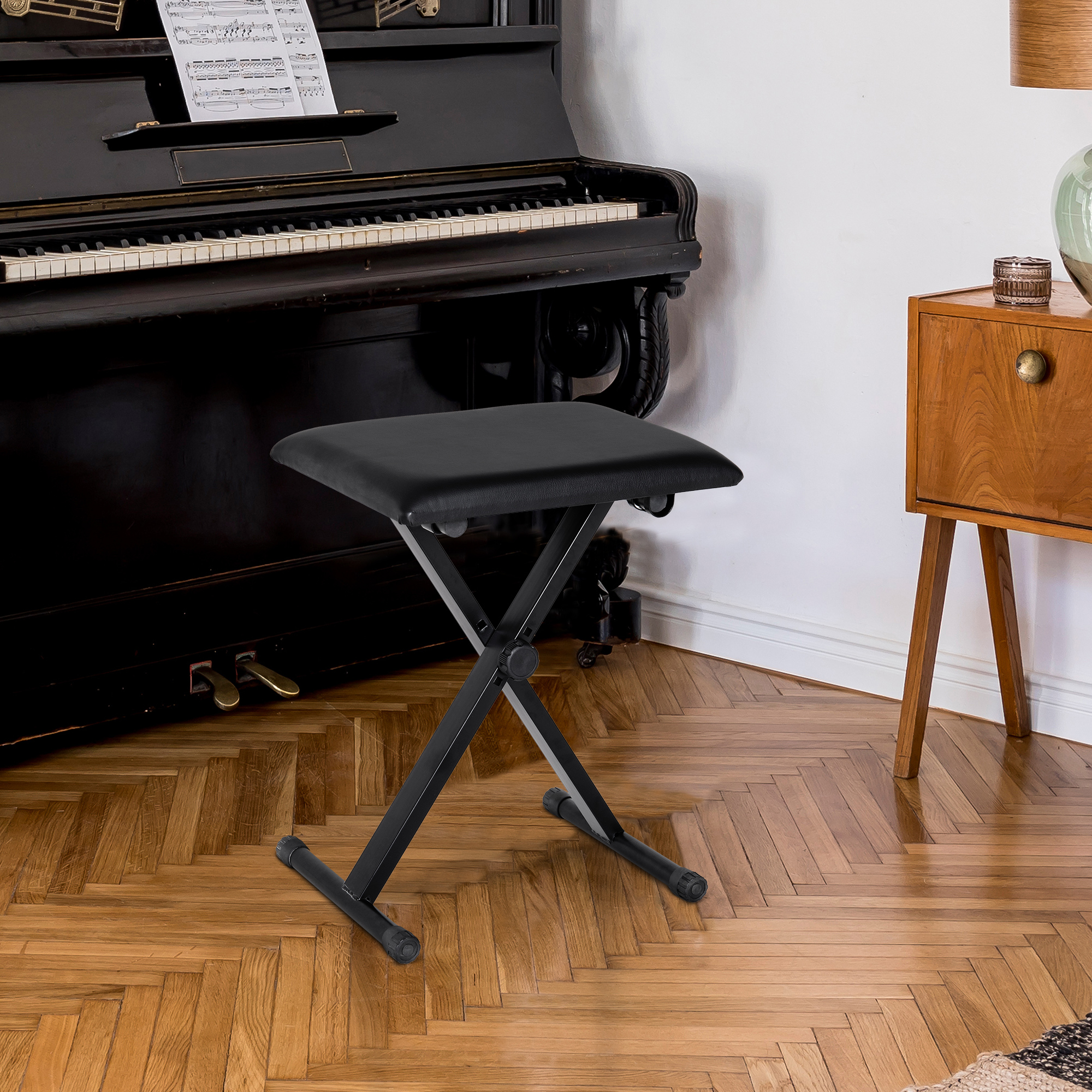 Klavierhocker Höhenverstellbar Klavierbank, X-förmiger Pianobank mit Kunstleder Kissen Klappbare Klavierstuhl für Piano Keyboard 39 x 29 x 37-47 cm Schwarz