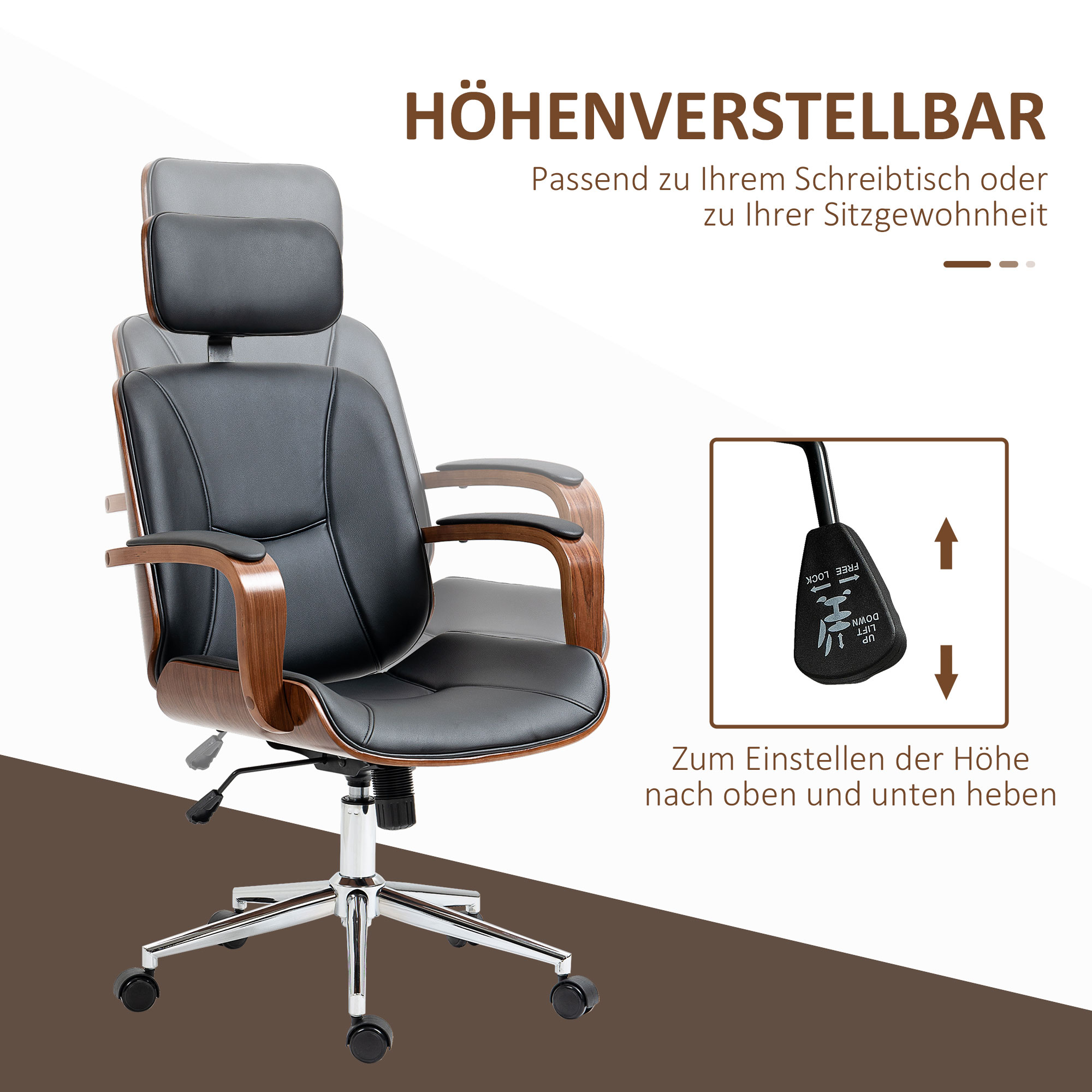 Bürostuhl Ergonomischer Schreibtischstuhl mit Hoher Rückenlehne, Abnehmbarer Kopfstütze für Home-Office Schwarz