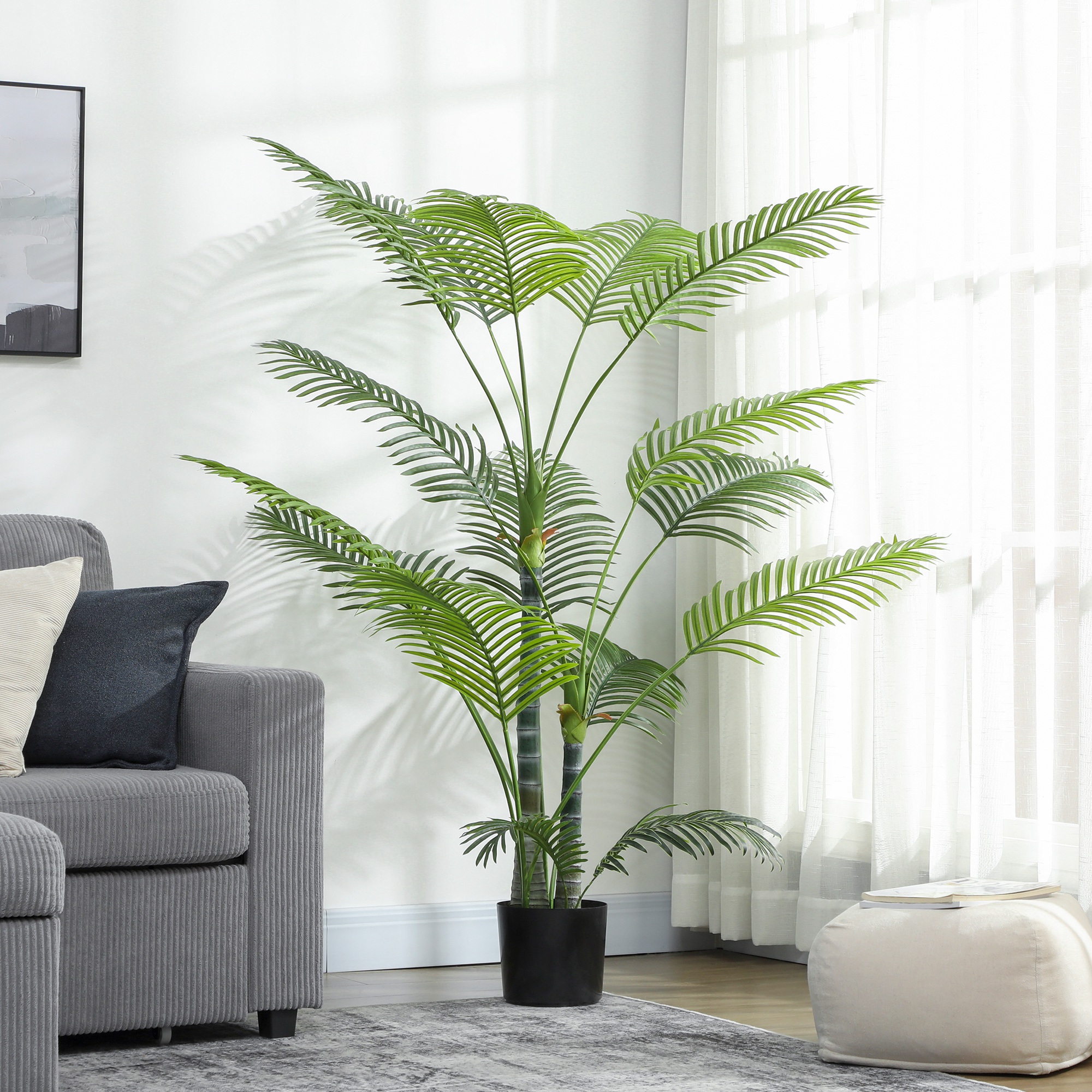 Künstliche Palme mit 16 Kunststoff-Blättern, UV-beständige Kunstpflanze mit Plastiktopf, für drinnen und draußen, Grün