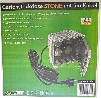 Gartensteckdose "Stone", 4-fach / 250V/16A, IP44, inkl. 5m Zuleitung