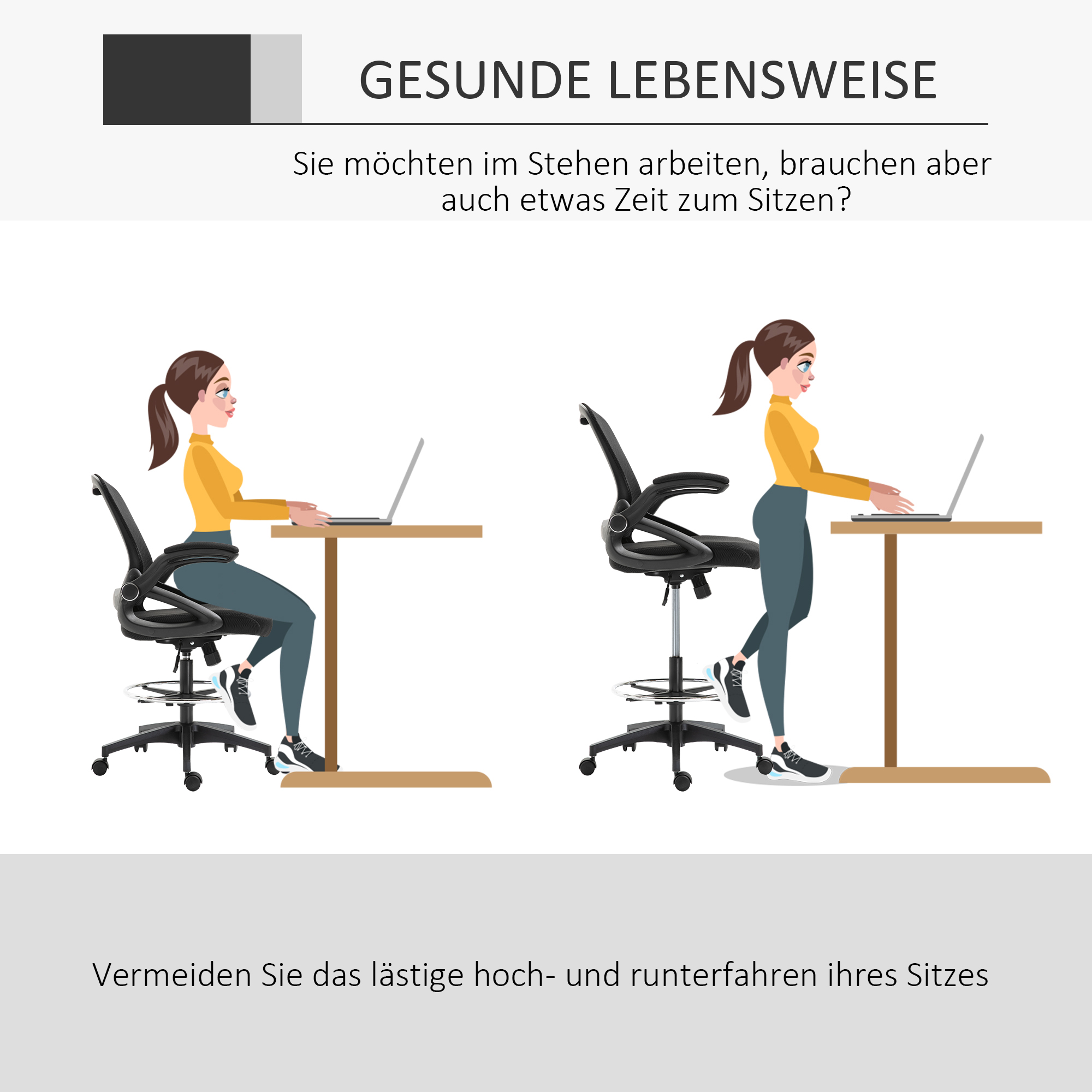 Bürosessel, Schreibtischstuhl, Stehfunktion, mit Fußablage, drehbarer Sitz, Stahl, schwarz, 64 x 60 x 106-126cm