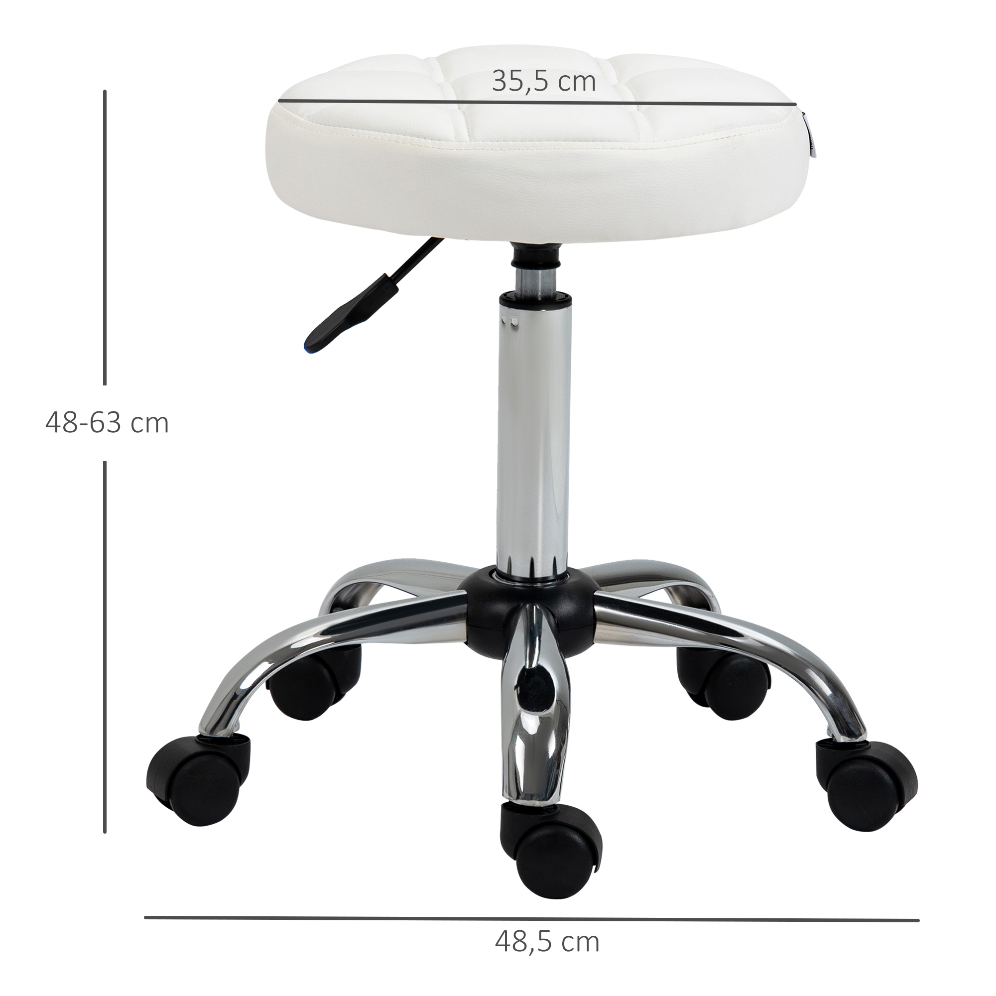 Drehhocker, Salonhocker, höhenverstellbar, Kunstleder, Steppdesign, Ø35,5 x 48-63 cm, Weiß/Silber