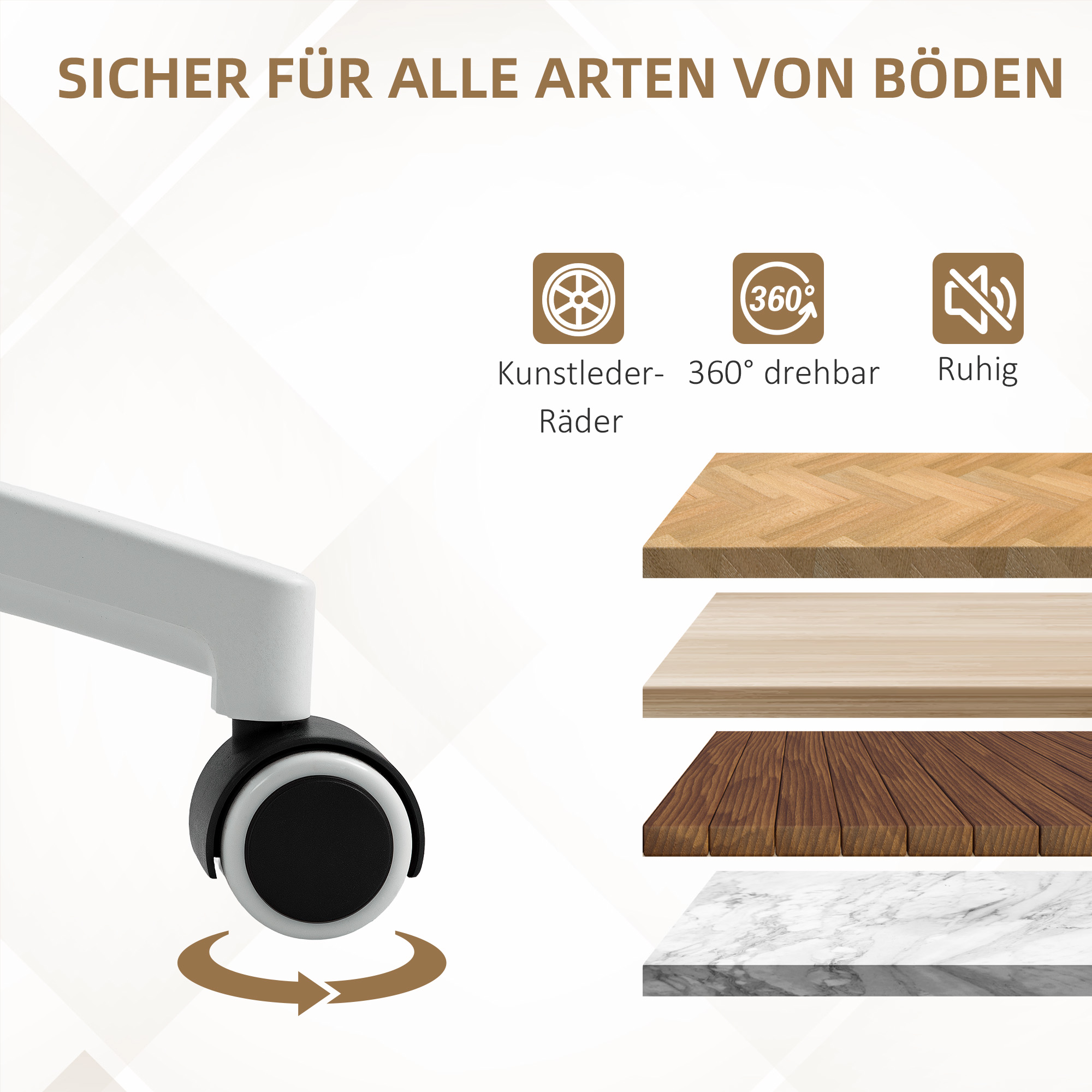 Höhenverstellbarer Schreibtischstuhl mit weichem Kissen und Kunstleder-Bezug, flexiblen Rädern und Kippfunktion, Weiß