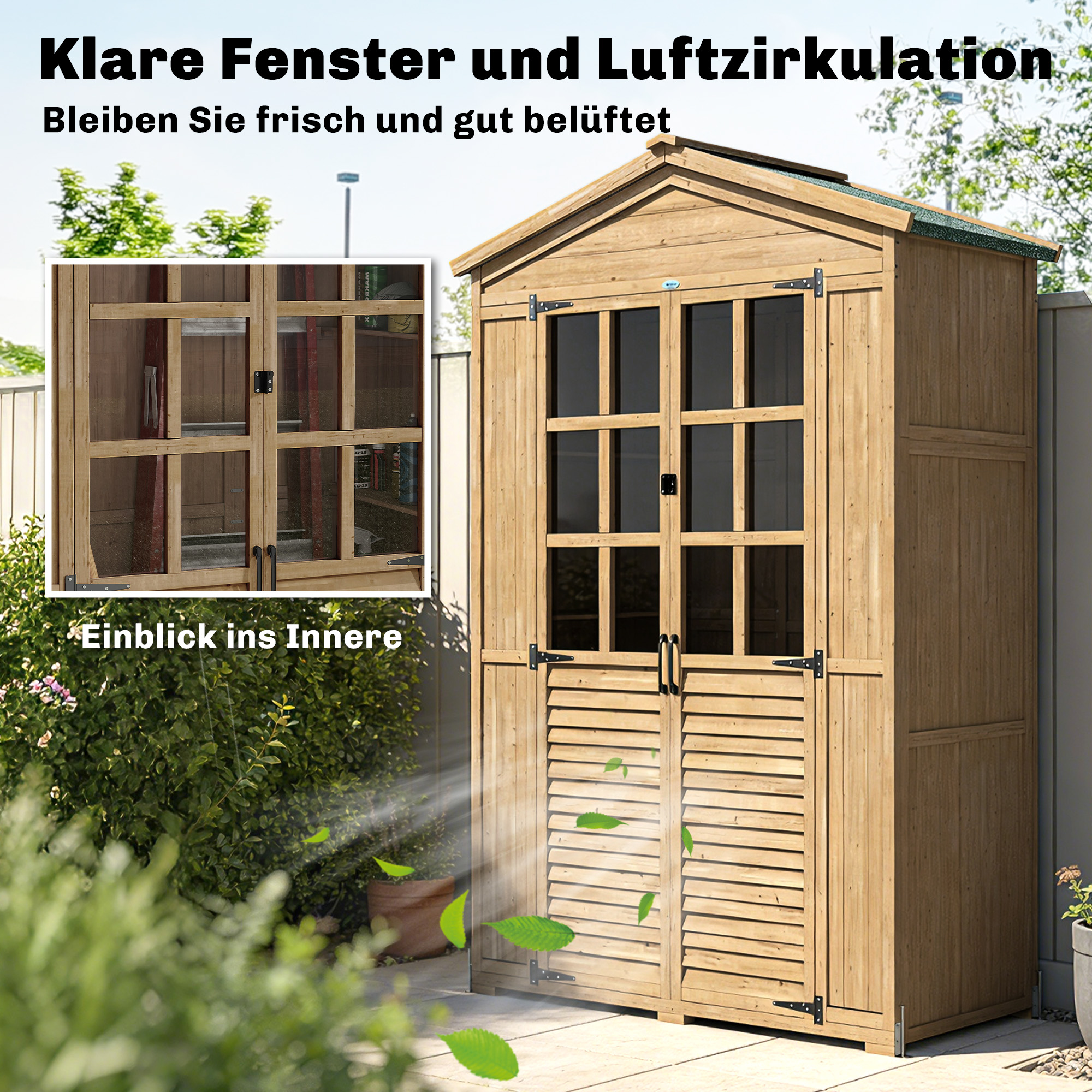 Gartenschrank Holz Geräteschuppen mit Ablage Acrylfenstern Abschließbar Tür Bodenplatte Asphalt-Dach Belüftungspaneel