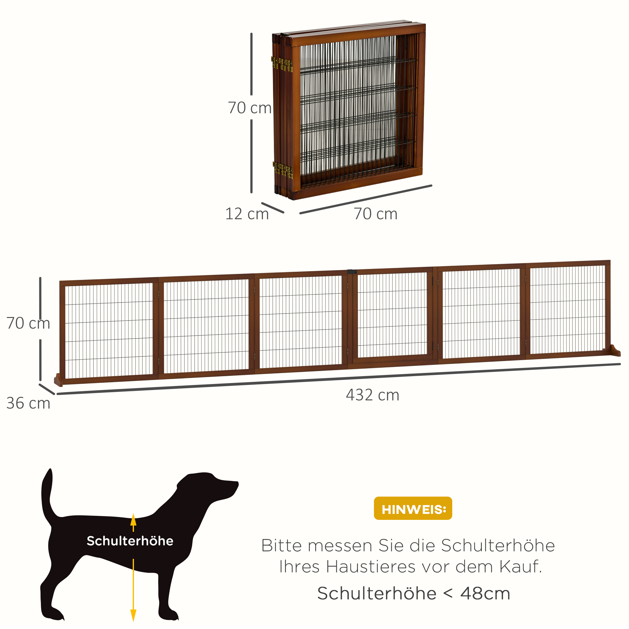 Absperrgitter für Hunde, klappbar, Kiefernholz, 432 x 36 x 70 cm, Kaffee