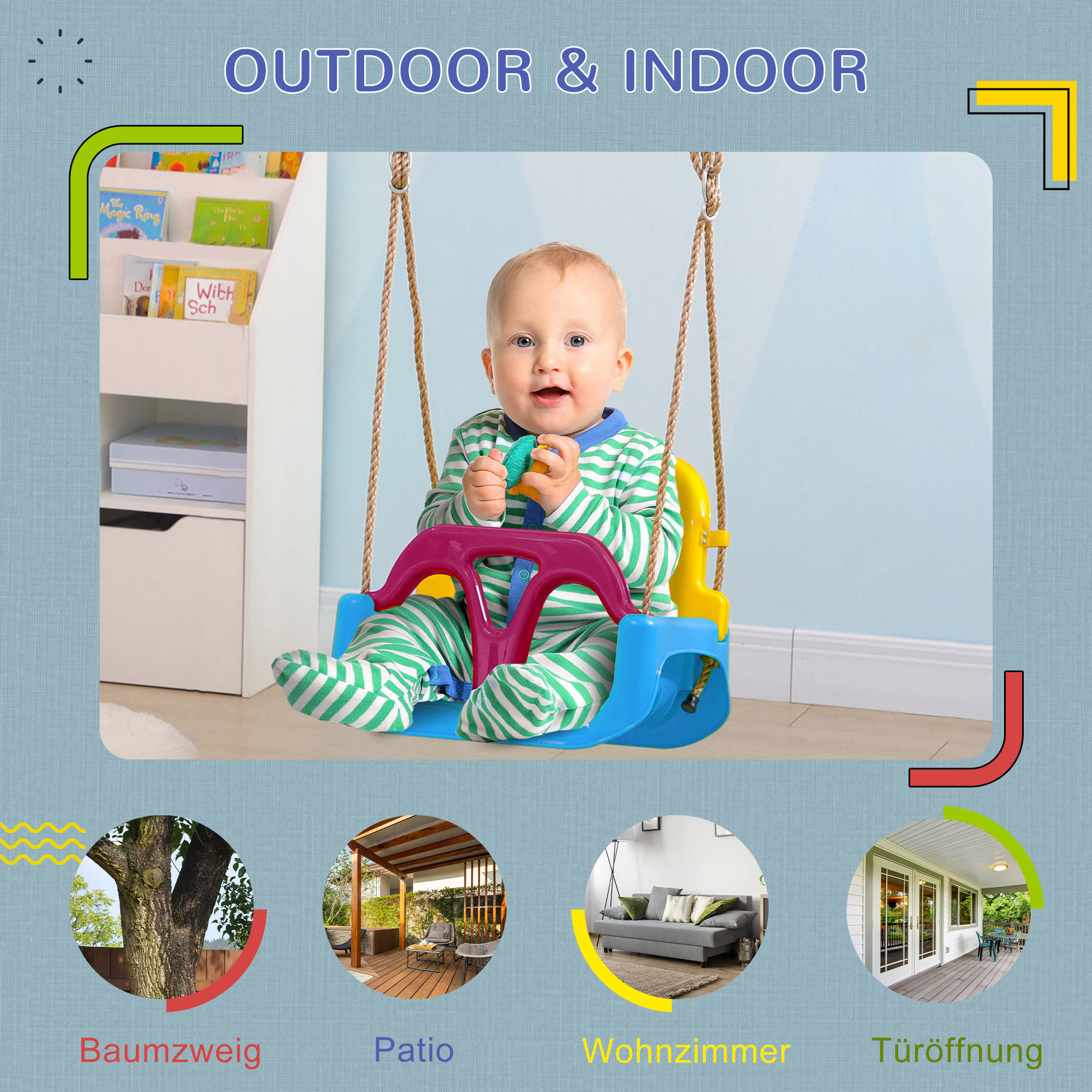3-in-1 Kinderschaukel, höhenverstellbar, abnehmbare Rücklehne, für In- und Outdoor, blau+gelb, 42 x 33 x 180 cm