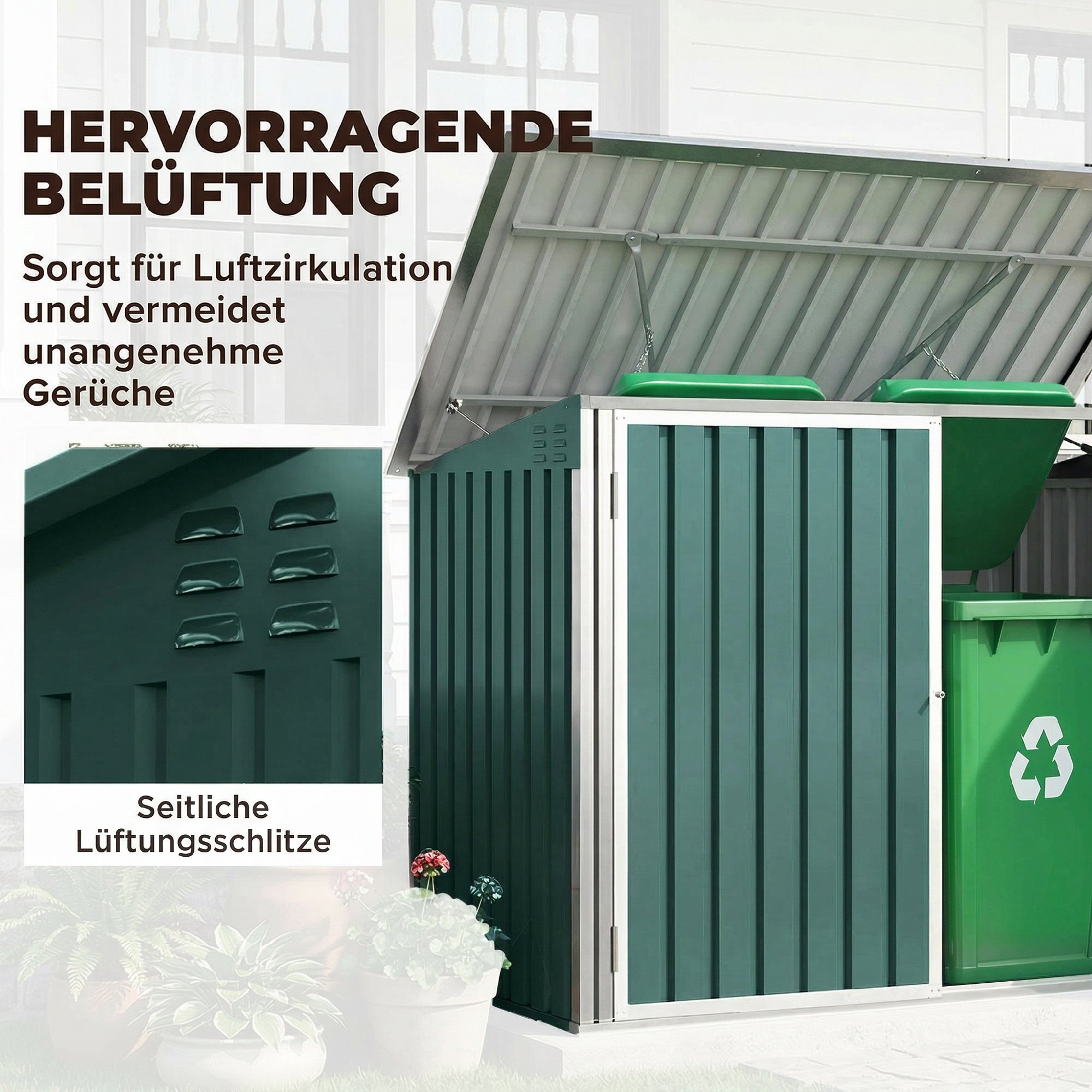 Mülltonnenbox Müllbox abschließbar Gerätebox mit Doppeltür Deckel für 2 Mülltonnen Stahl 179,5 x 108 x 129,5/113 cm Grün