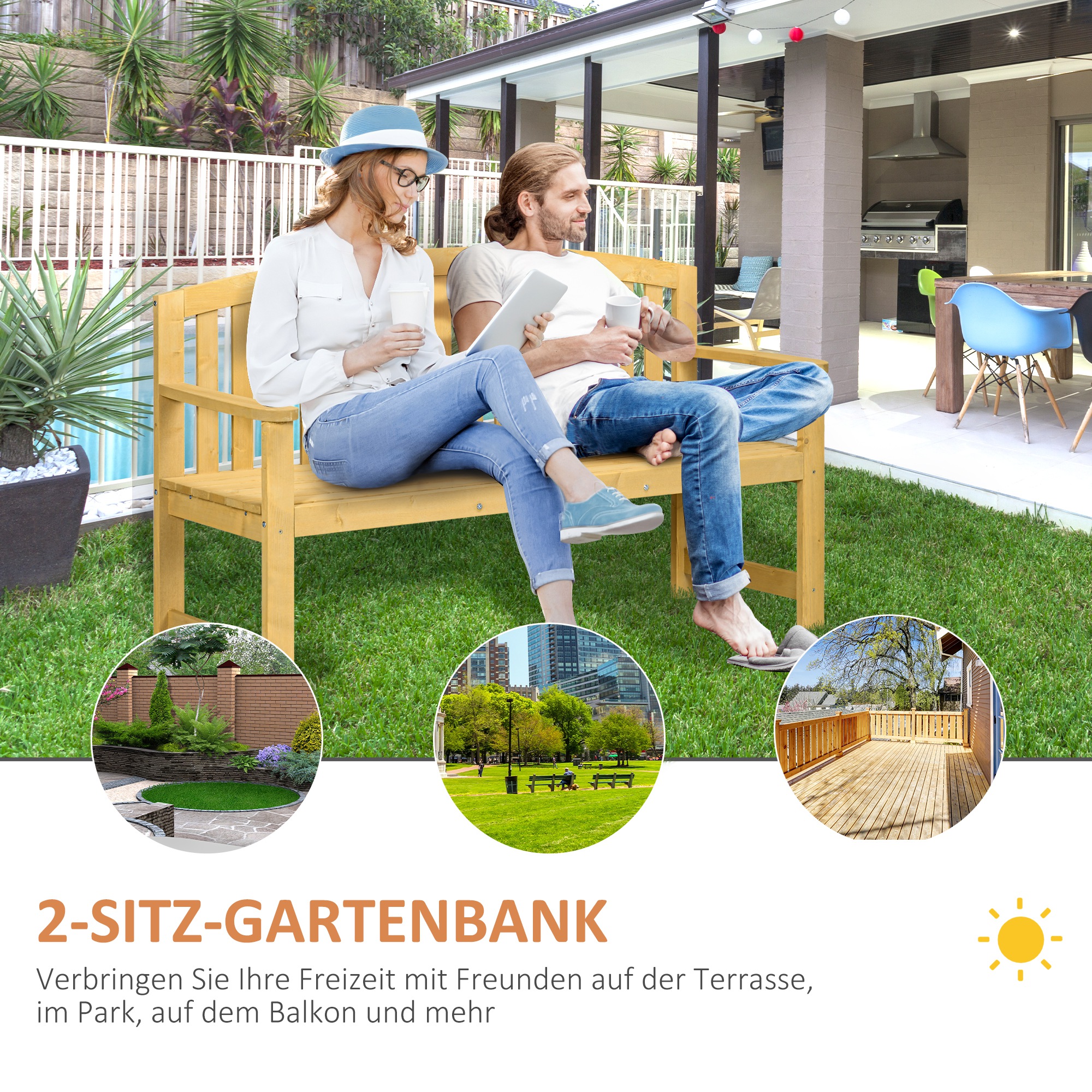 2-Sitzer Gartenbank Holz, wetterfest Sitzbank, Gartenmöbel mit Rückenlehnen, 240 kg belastbar 140 x 50 x 85 cm, Orange