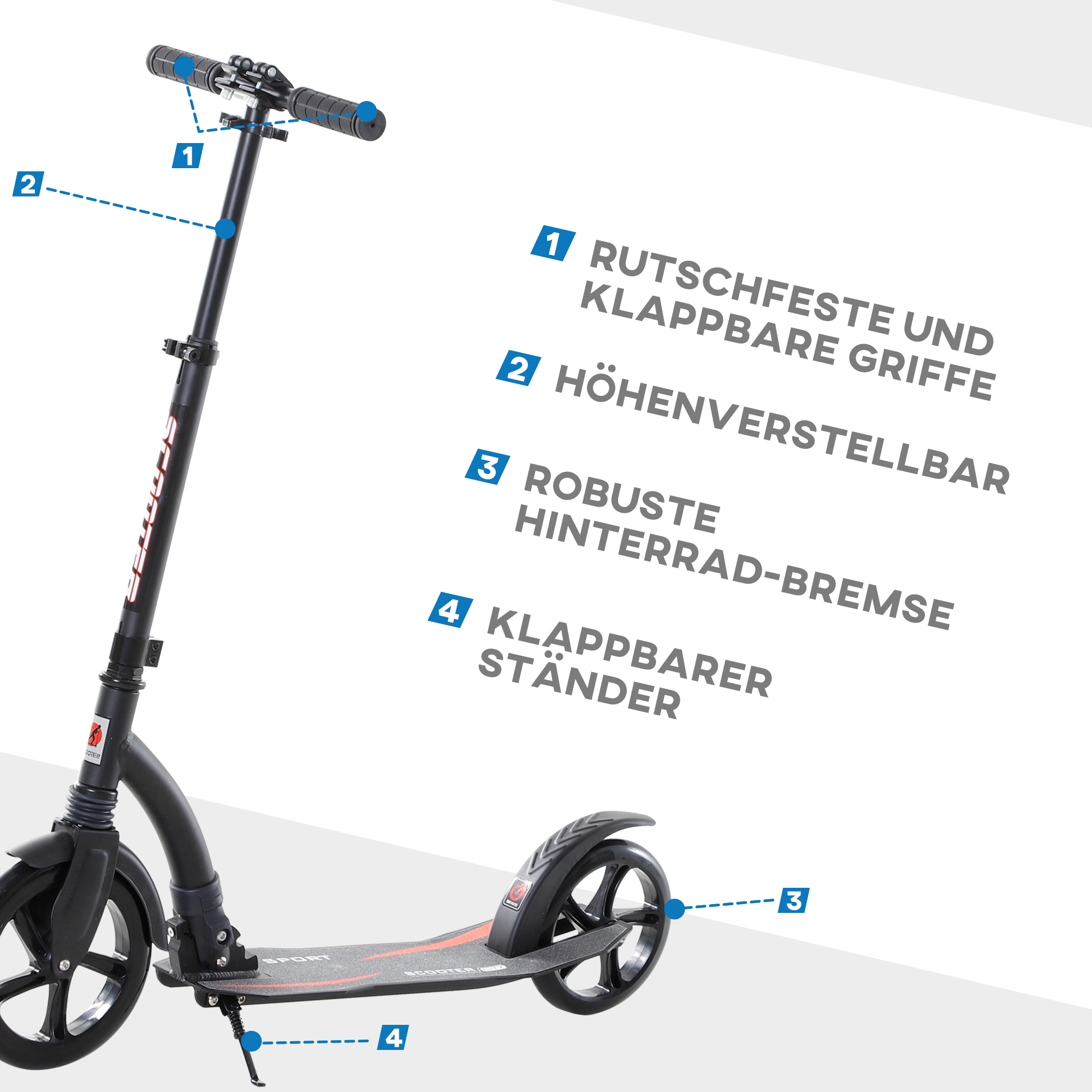 Roller Tretroller Kickscooter Klapproller, klappbar, Stoßdämpfer, ab 14 Jahren, Schwarz
