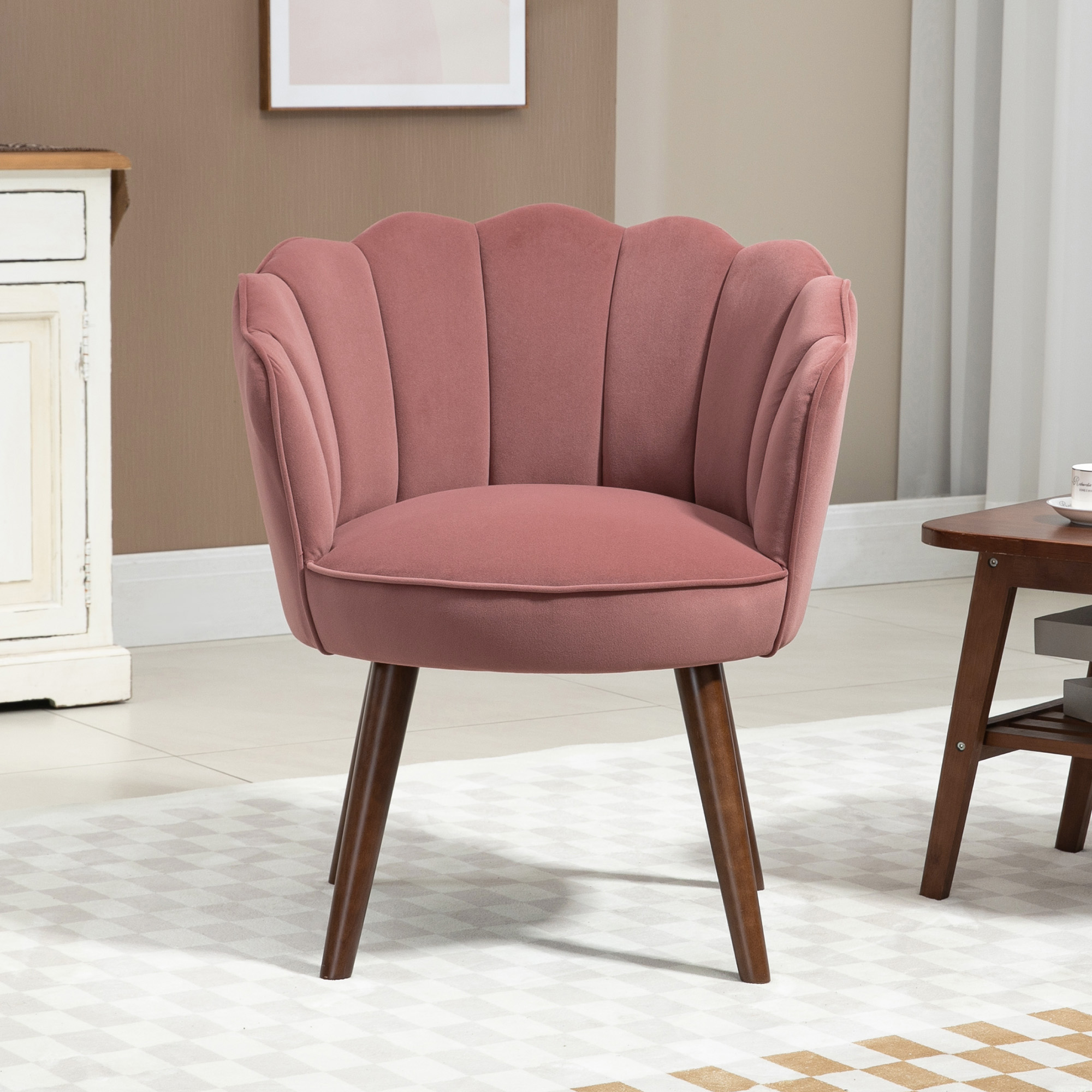 Sessel Wohnzimmer Loungesessel in Muschelform Relaxsessel mit Holzbeine, Polstersessel Lesesessel mit Samtoptik, Polsterstuhl für Schlafzimmer Rosa